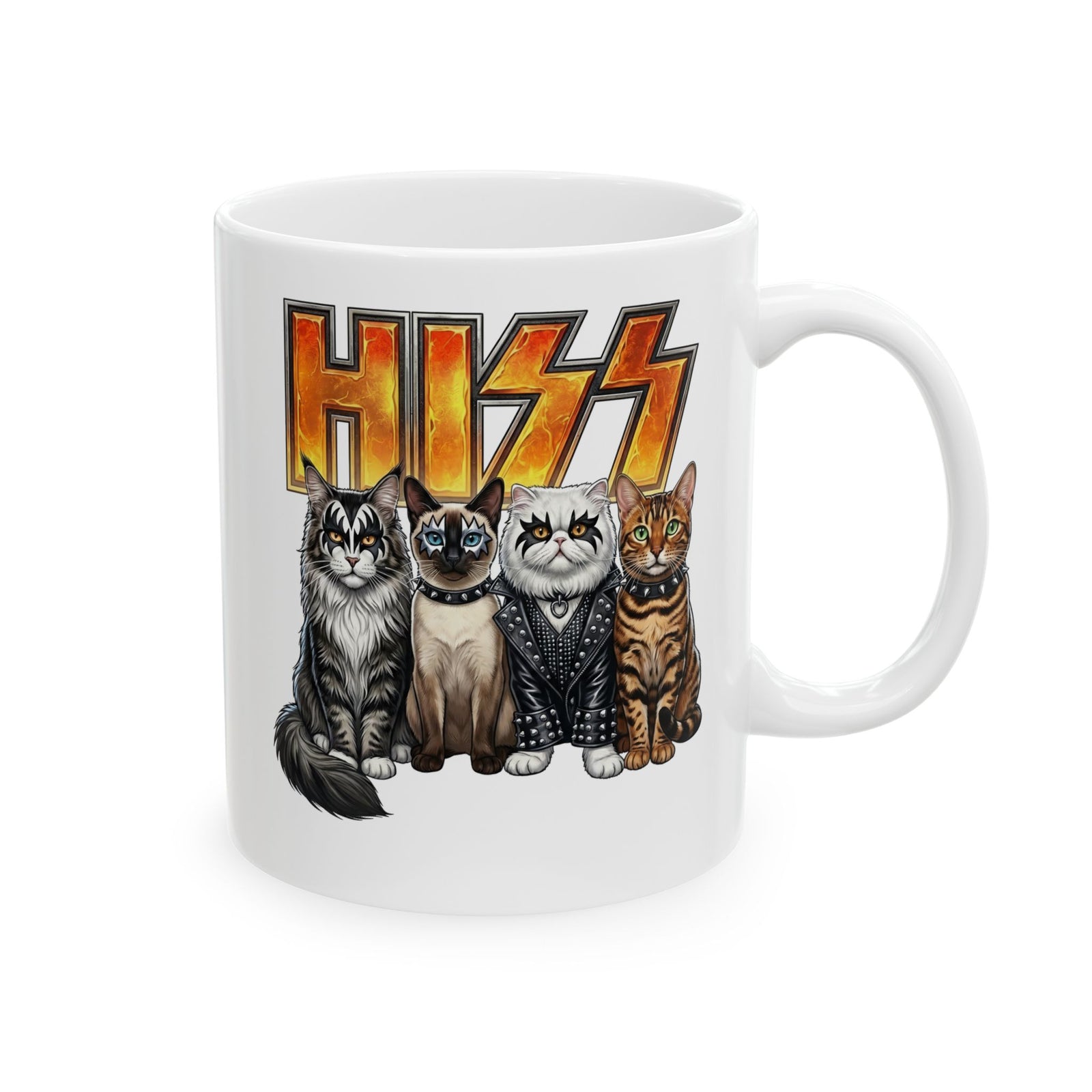 Heavy Metal Cat Hiss Ceramic Mug — Retro Rock Cat Graphic Mug