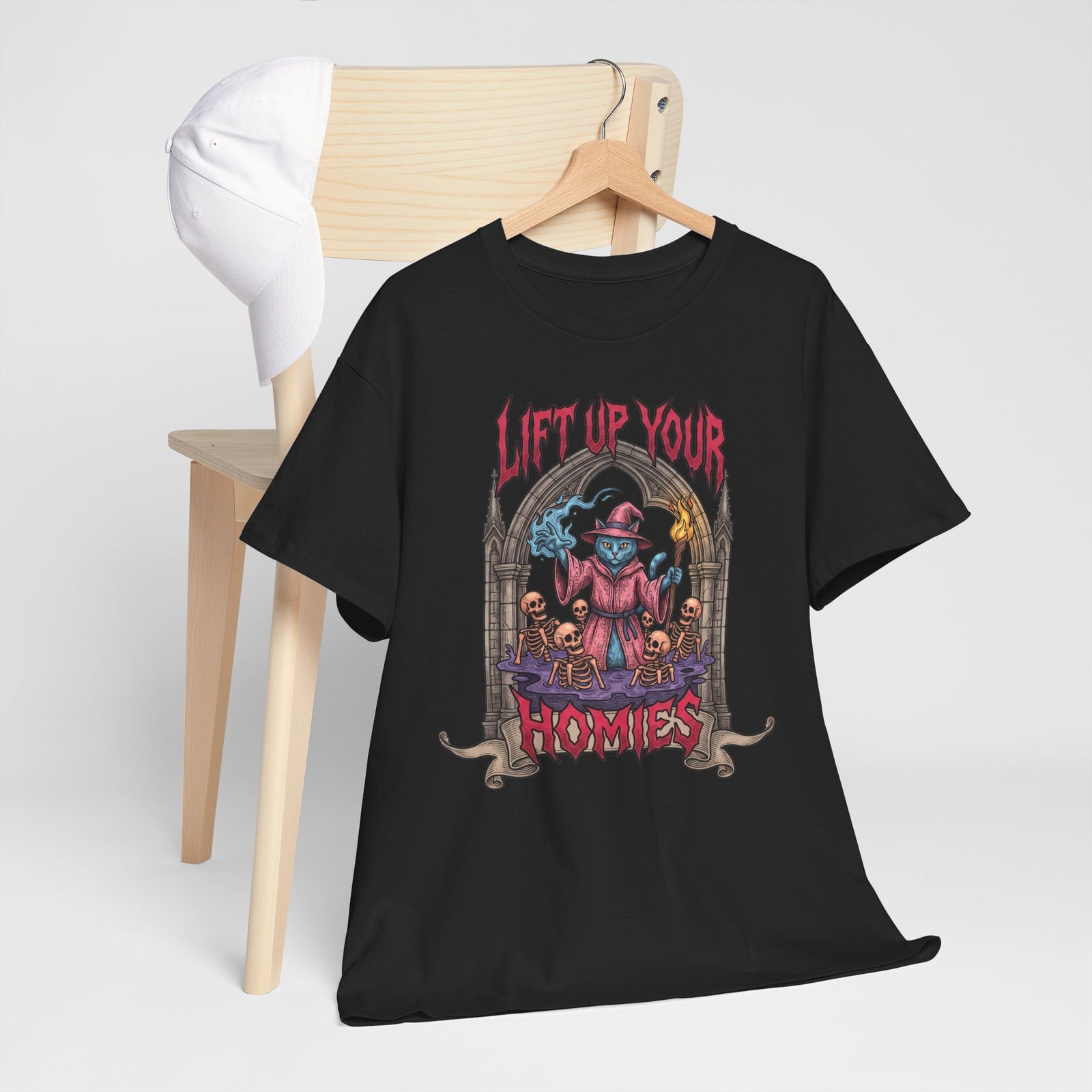 Lift Up Your Homies Wizard Cat T-Shirt — Necromancer Skeleton Feline Tee