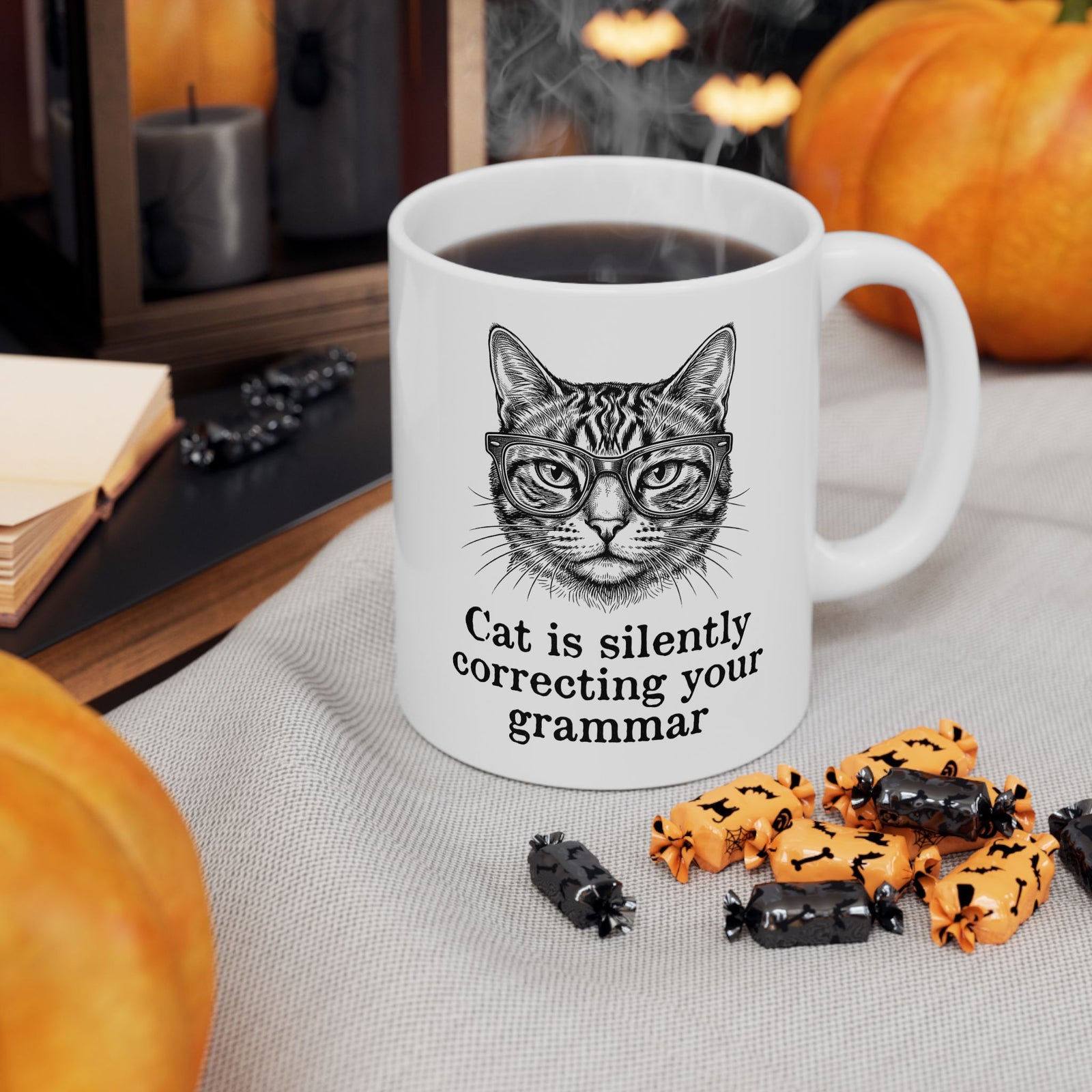 Cat Is Silently Correcting Your Grammar Ceramic Mug — Funny Grammar Cat Mug