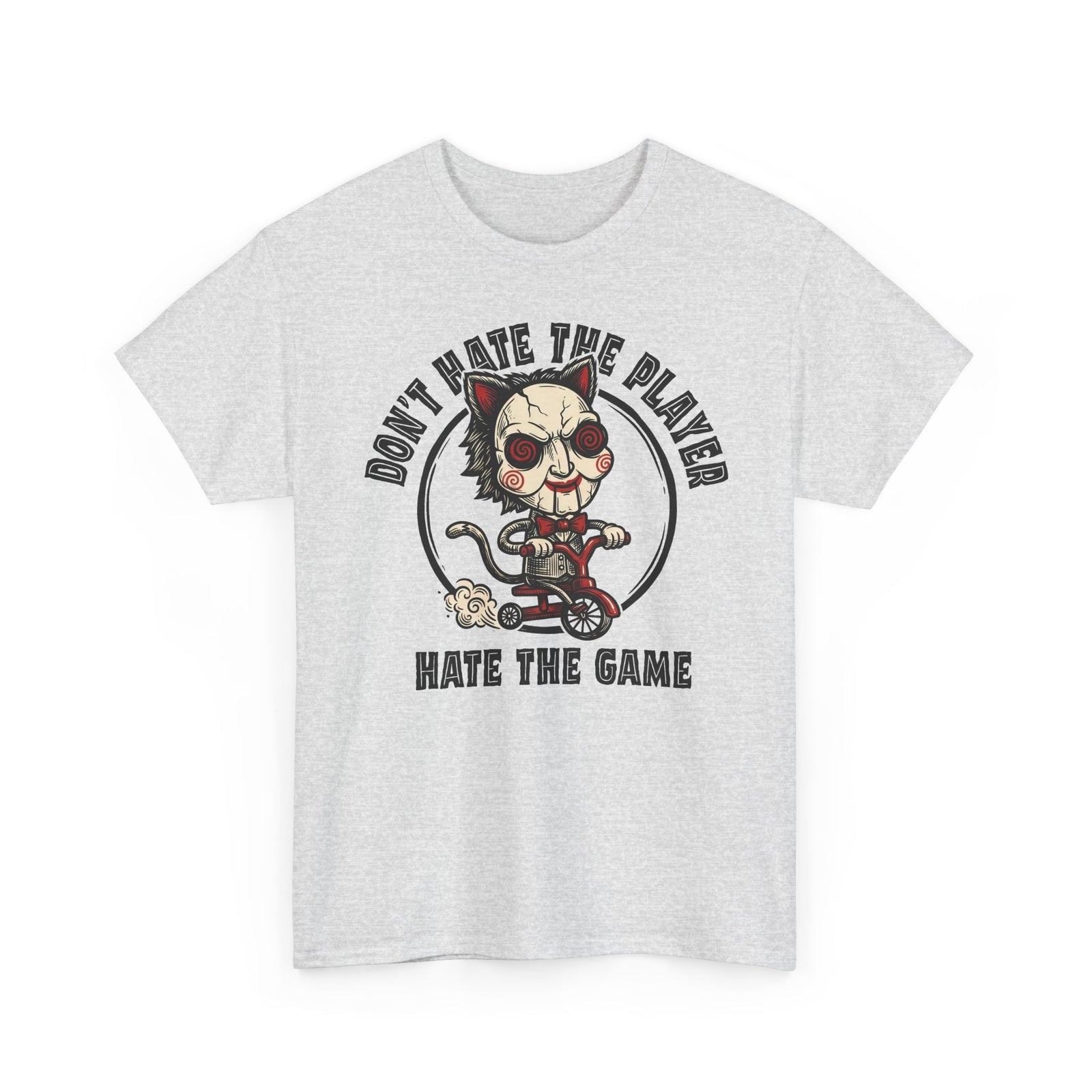 Don't Hate The Player Hate The Game SAW Cat T-Shirt — Funny Jigsaw Puppet Tee