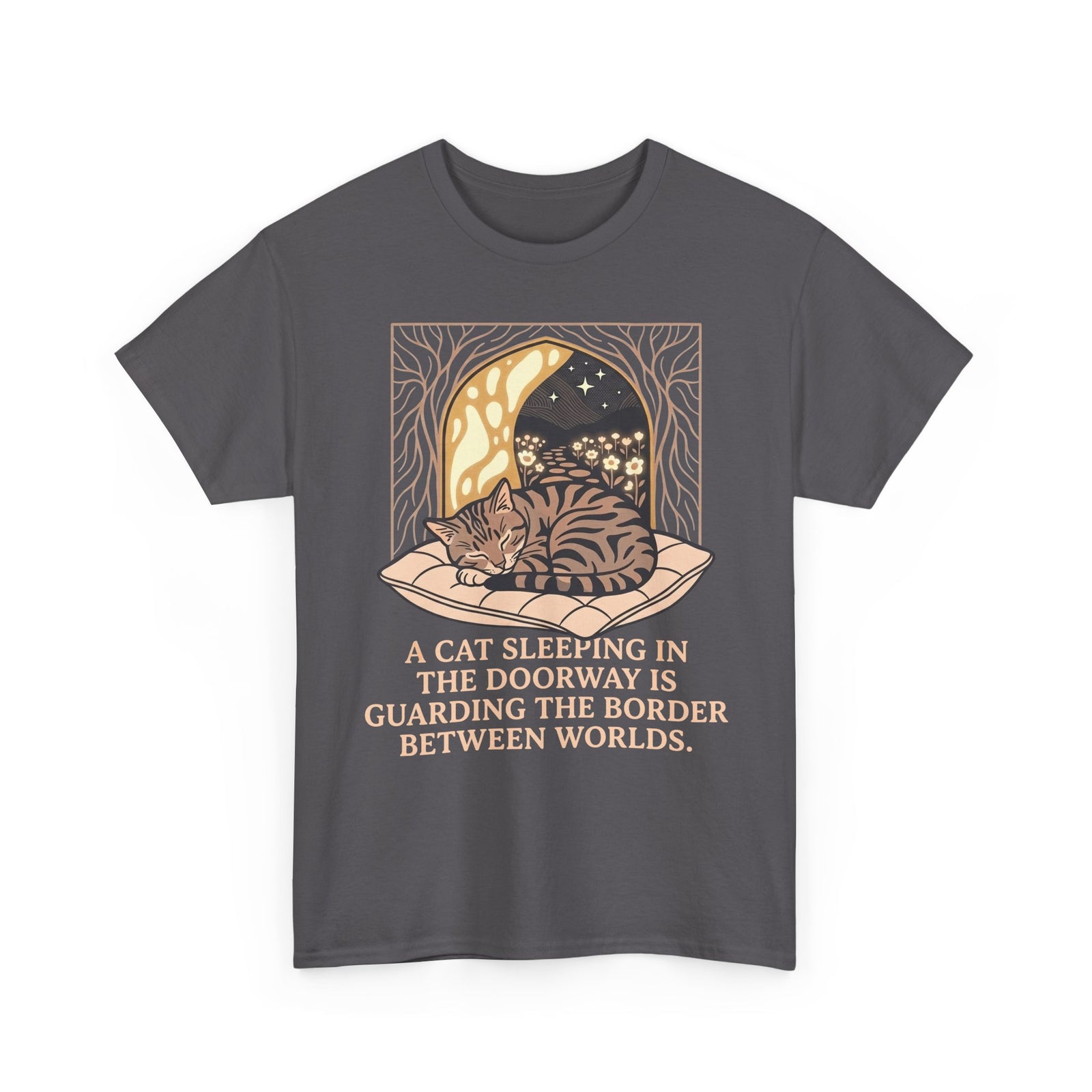 Mystical Cat Sleeping in the Doorway T-Shirt — "Guarding the Border Between Worlds"