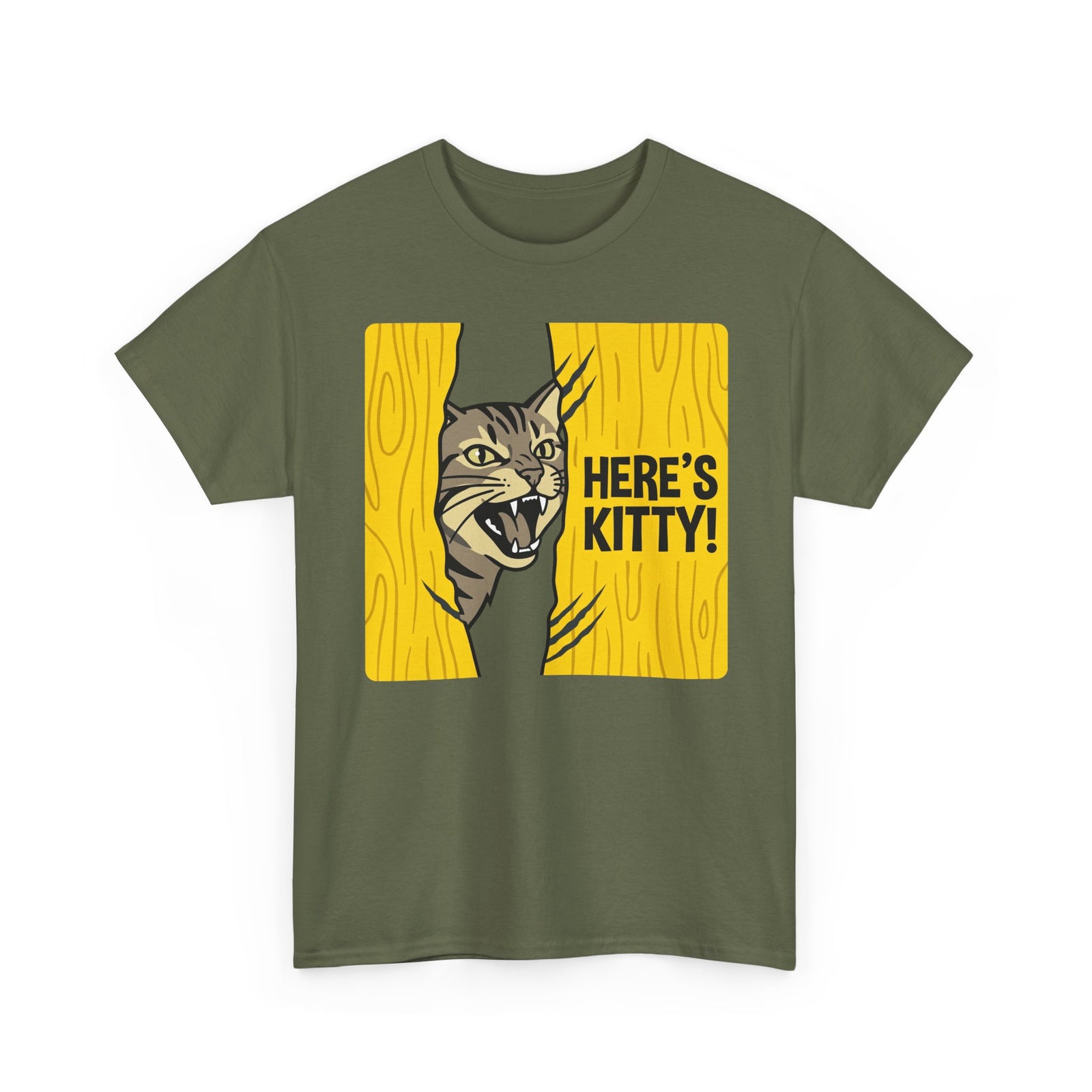 Funny Cat Parody T-Shirt — "Here's Kitty" Graphic Tee