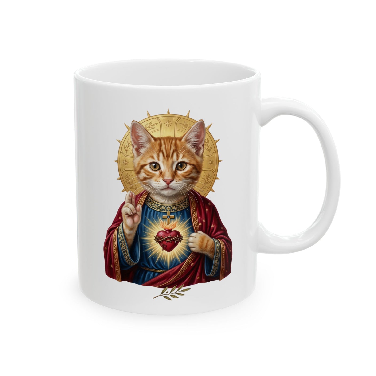 Sacred Heart Cat Ceramic Mug — Christian Religious Cat Lover Graphic Mug