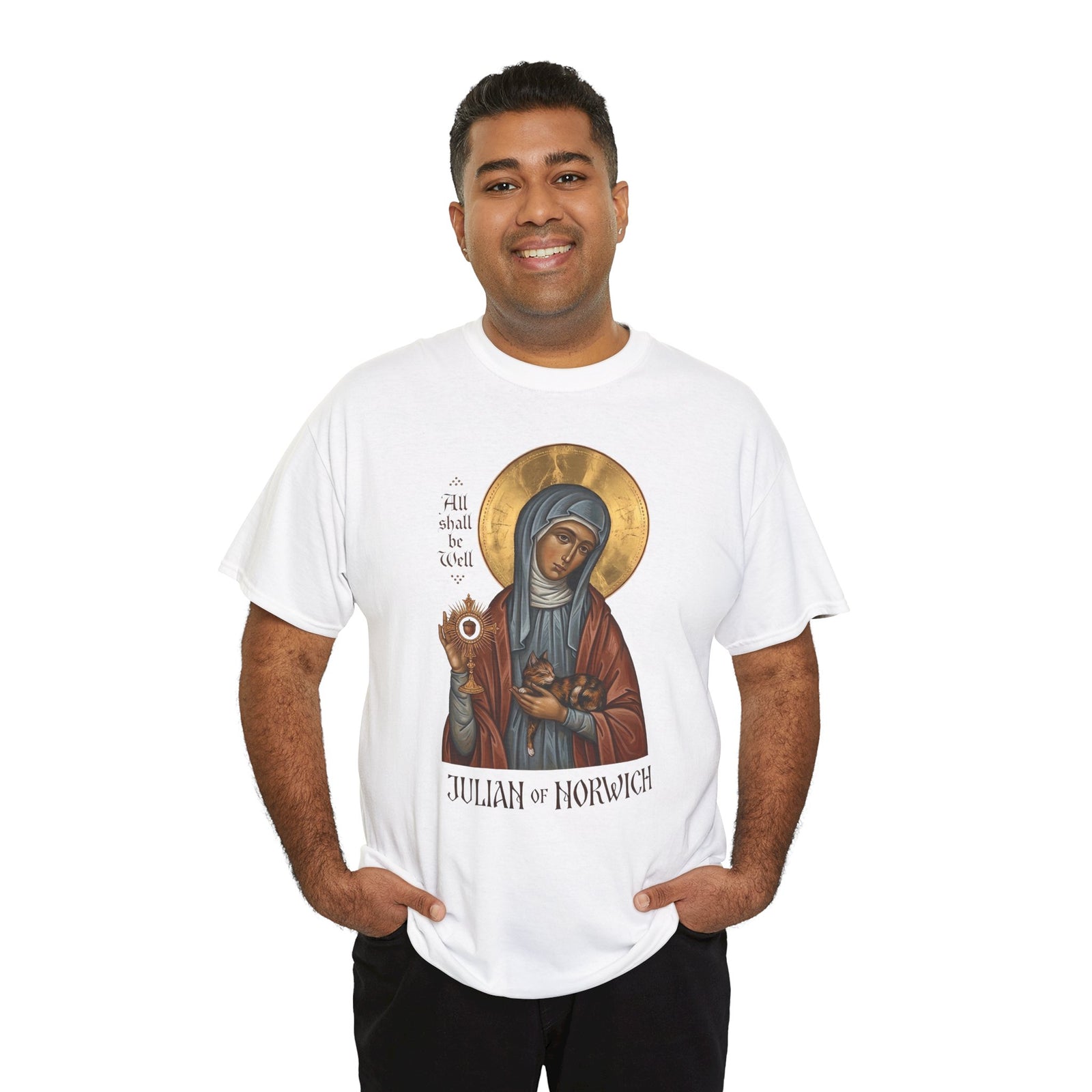 Julian of Norwich & Cat T-Shirt — Spiritual Saint Tee for Cat Lovers