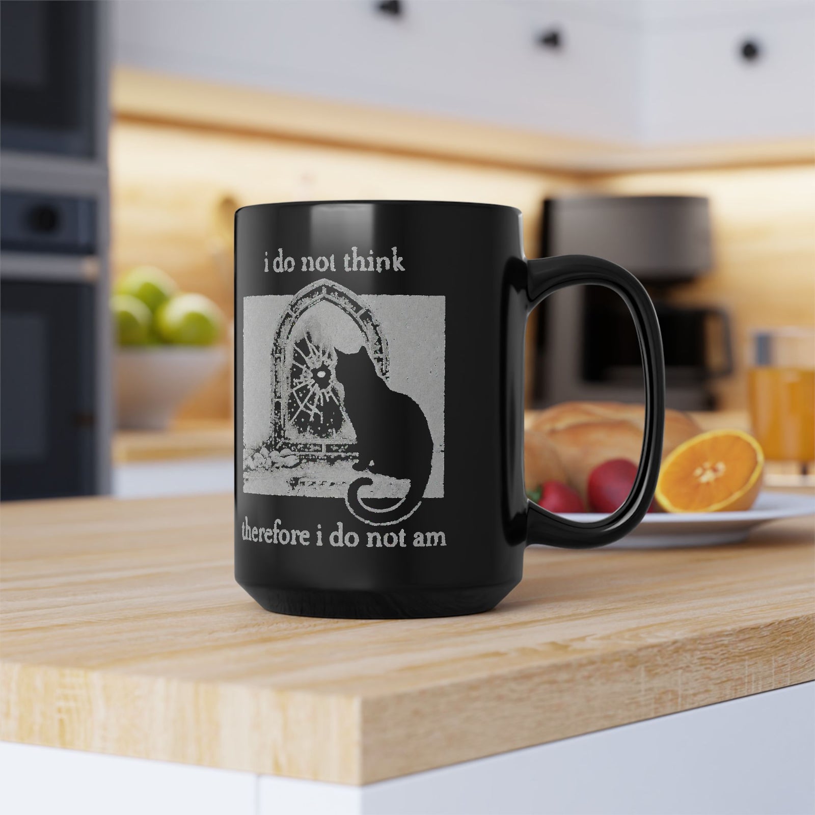 Vintage Black Cat Black Mug — "I Do Not Think Therefore I Do Not Am"