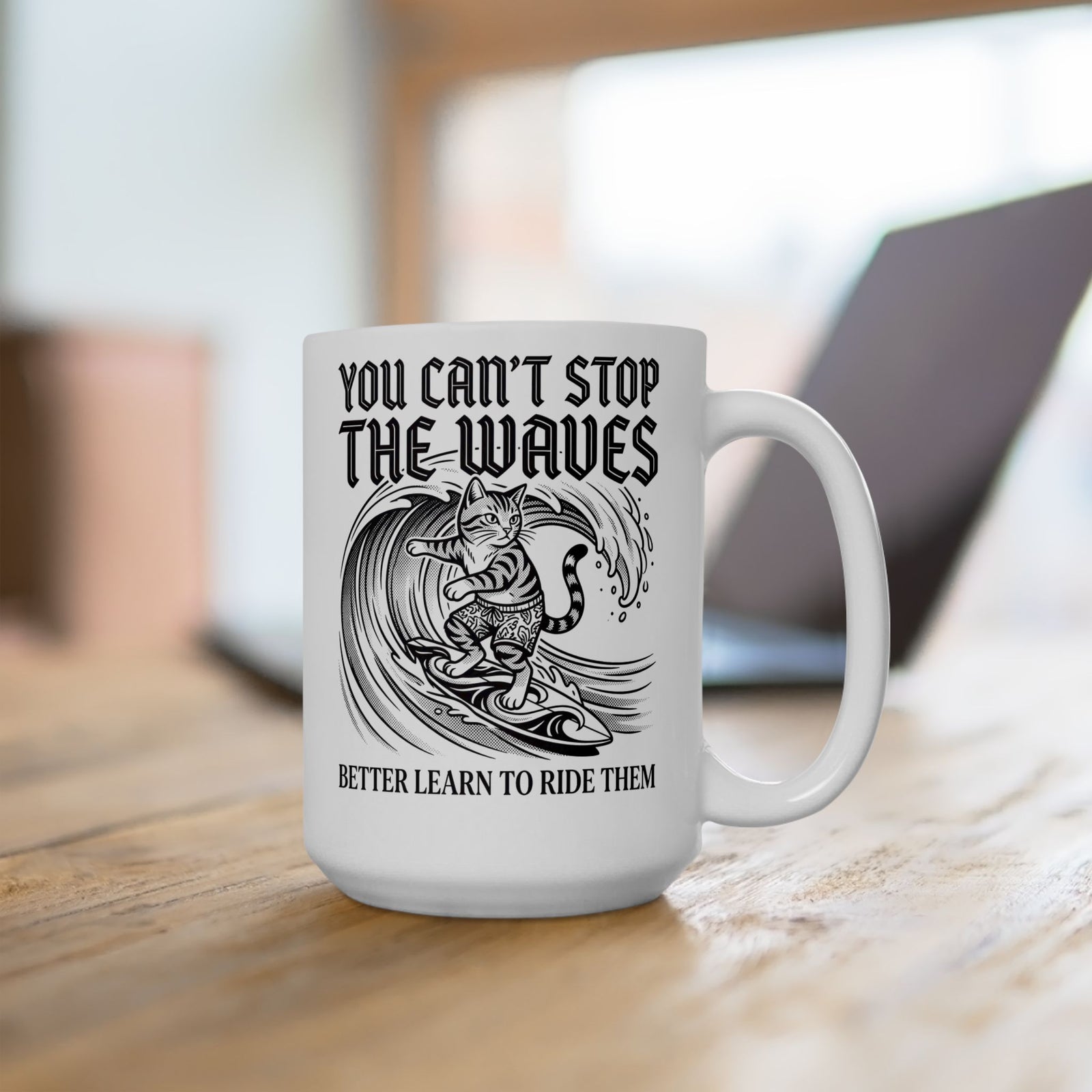 Vintage Surfer Cat Ceramic Mug — Monochrome Ocean Waves Graphic Mug