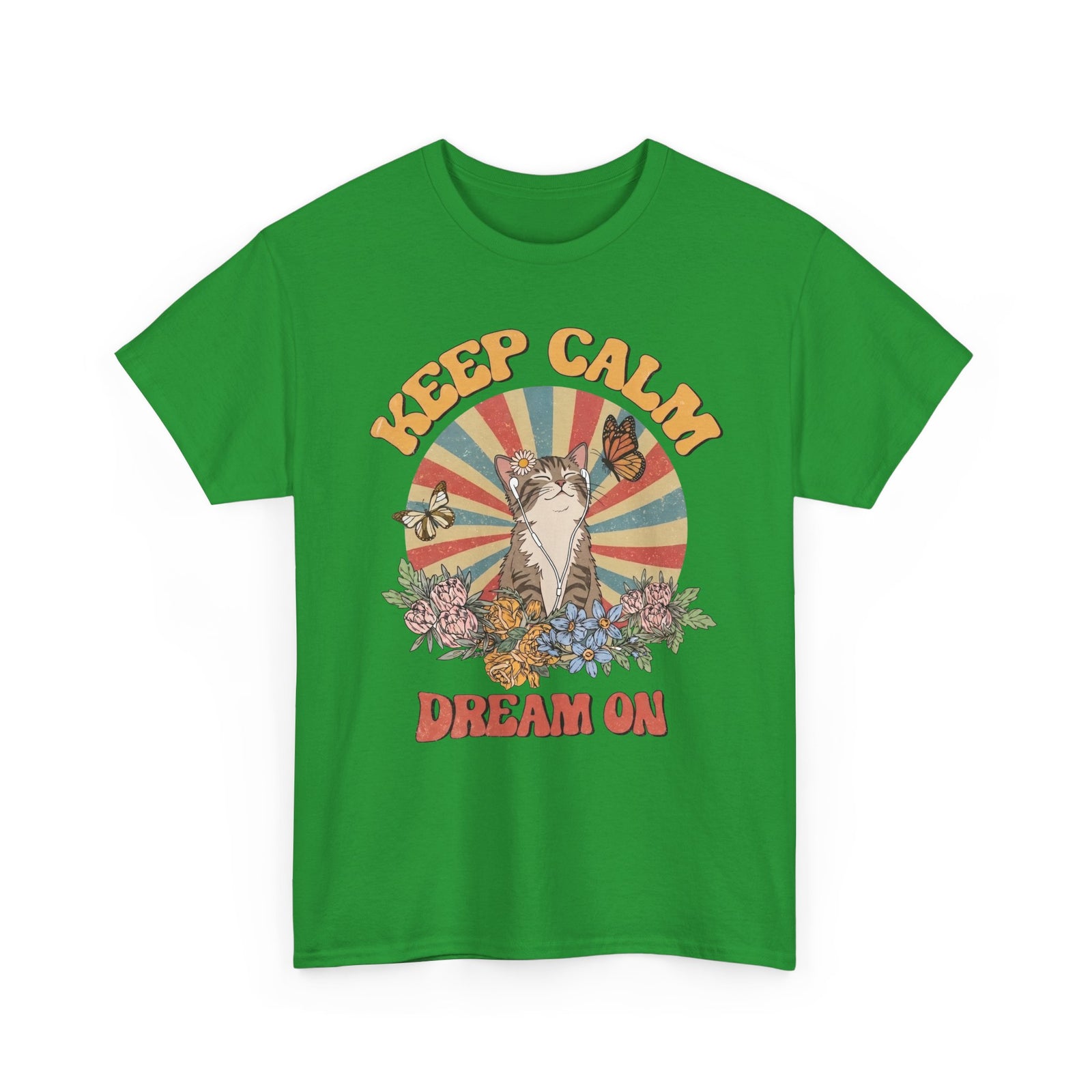 Keep Calm Dream On Cat T-Shirt — Retro 70s Hippie Feline Graphic