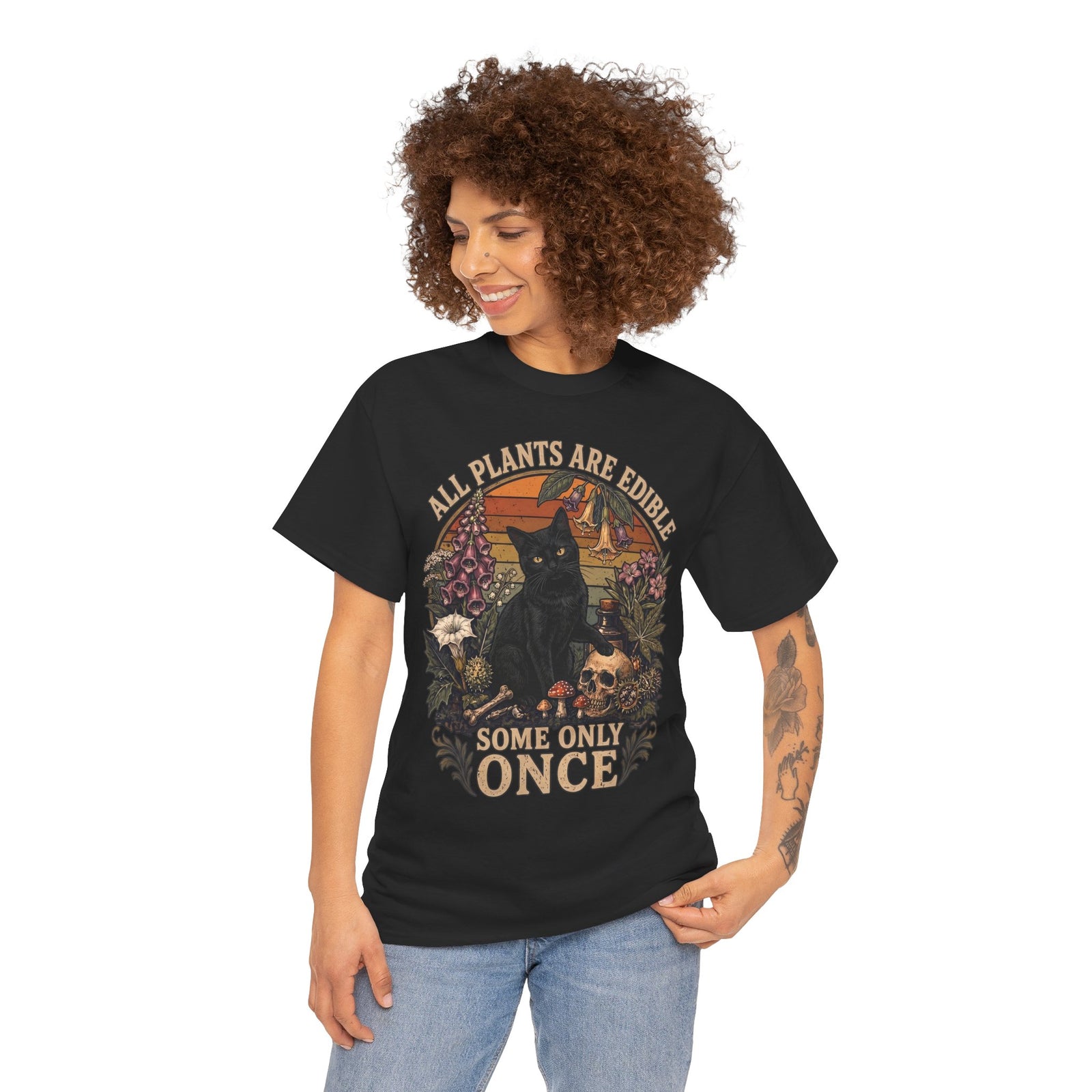 All Plants Are Edible Some Only Once T-Shirt — Funny Black Cat Botanical Tee