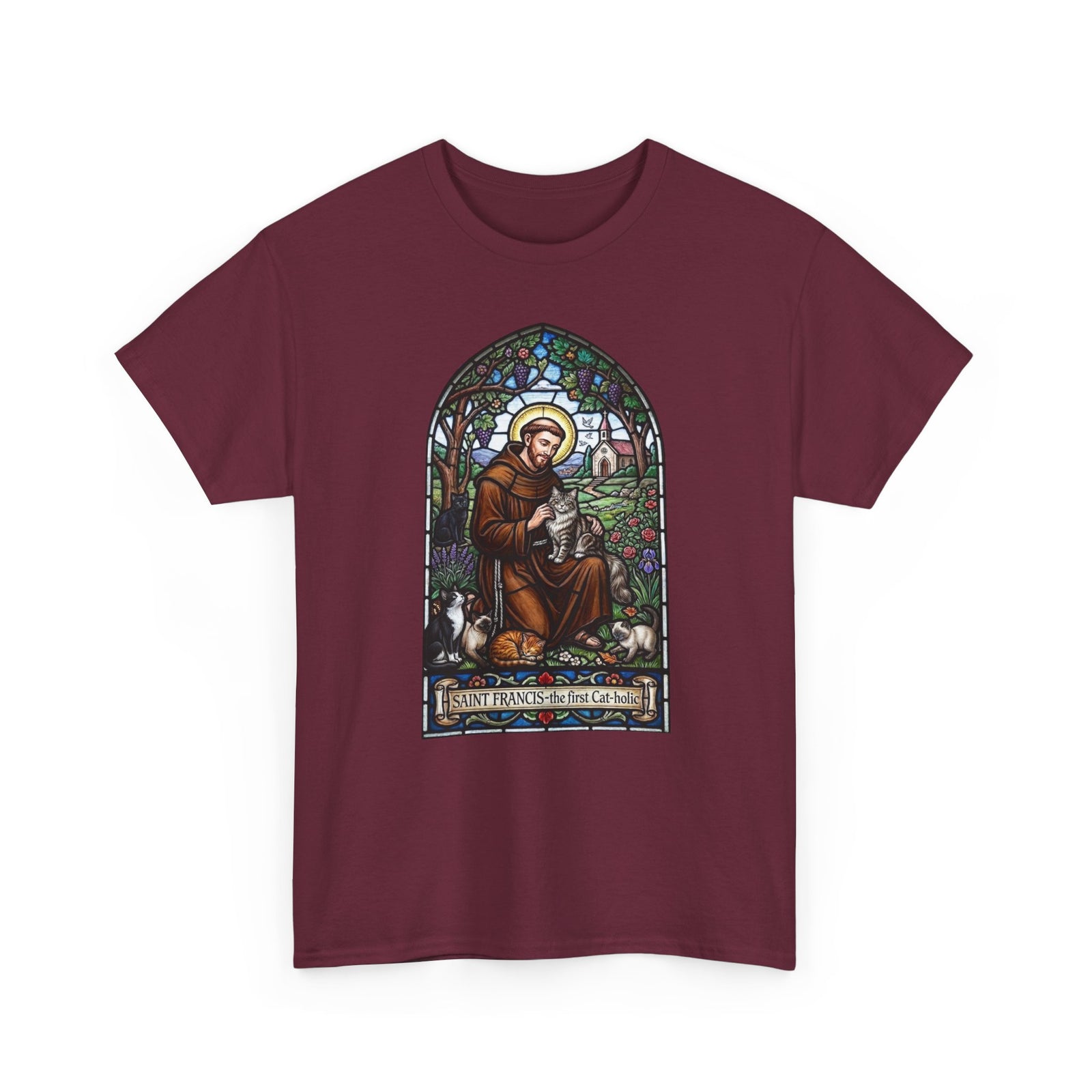 Saint Francis Cat T-Shirt — "SAINT FRANCIS — the first Cat-holic"