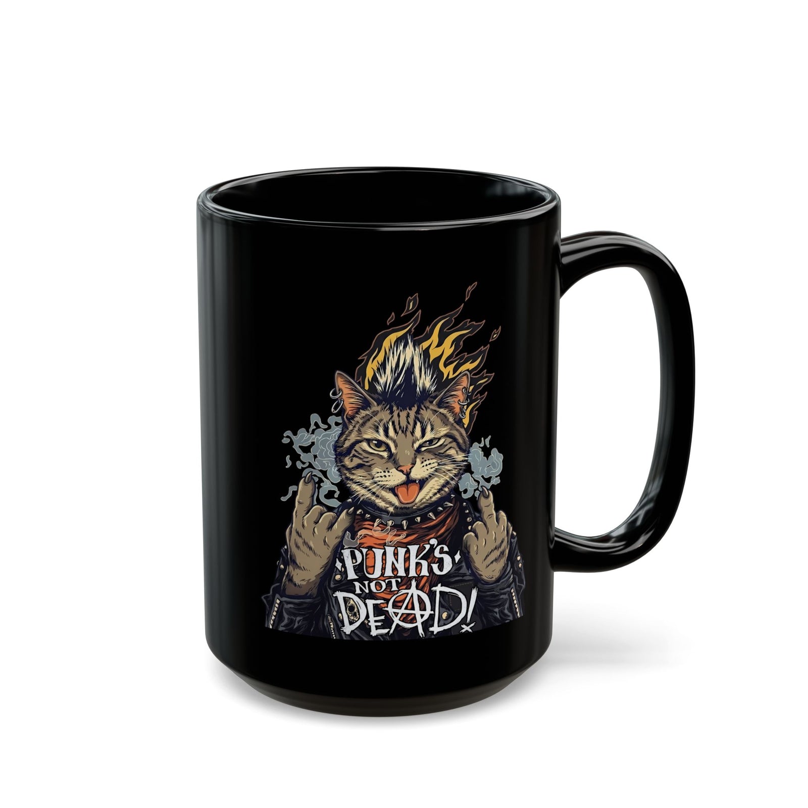 Punks Not Dead Cat Black Mug — Funny Rebel Punk Rock Tabby Mug