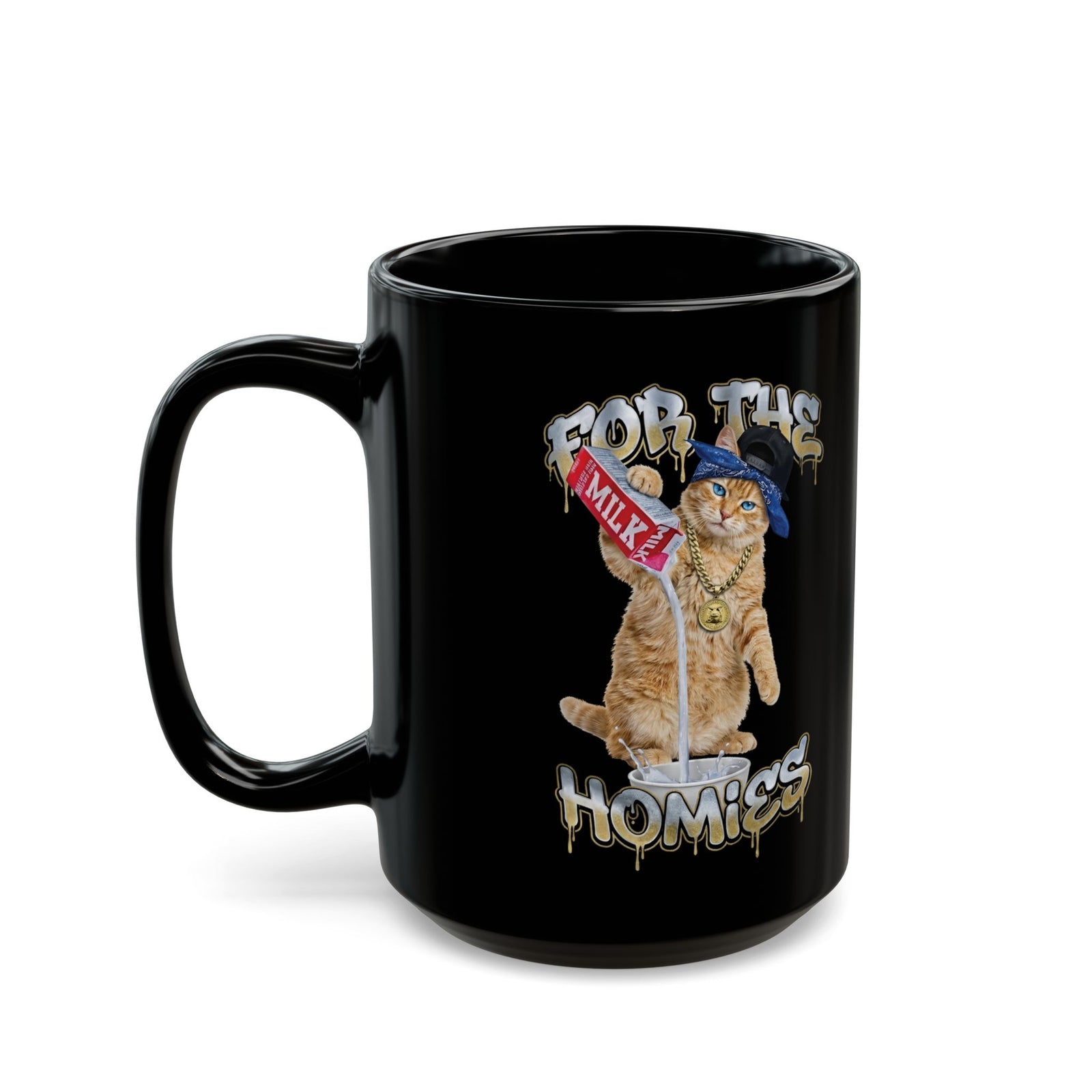 For The Homies Cat Black Mug Funny Gangster Cat Graphic Mug, Milk Pouring Cat Mug, Street Style Cat Lover Gift, Unisex Cotton Black Mug
