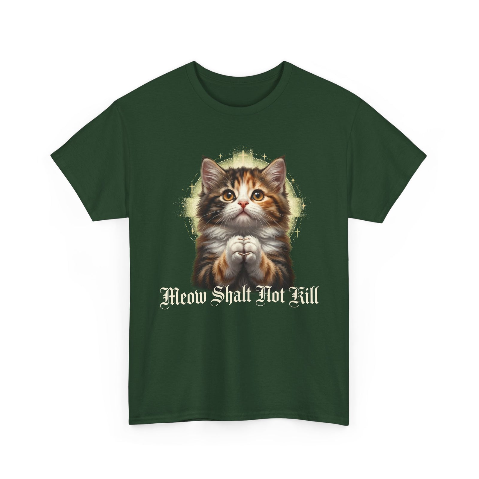 Praying Kitten T‑Shirt — "Meow Shalt Not Kill" Cute Vintage Cat Tee