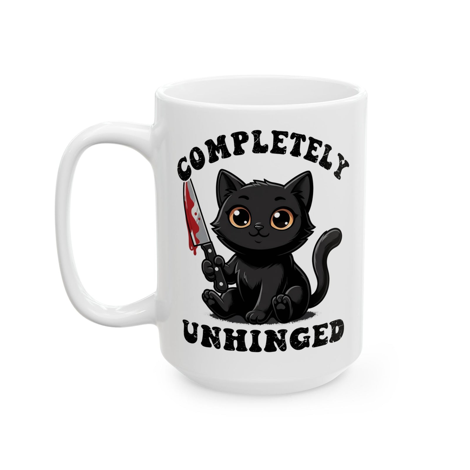 Completely Unhinged Black Cat Ceramic Mug — Funny Cute Psycho Knife Mug