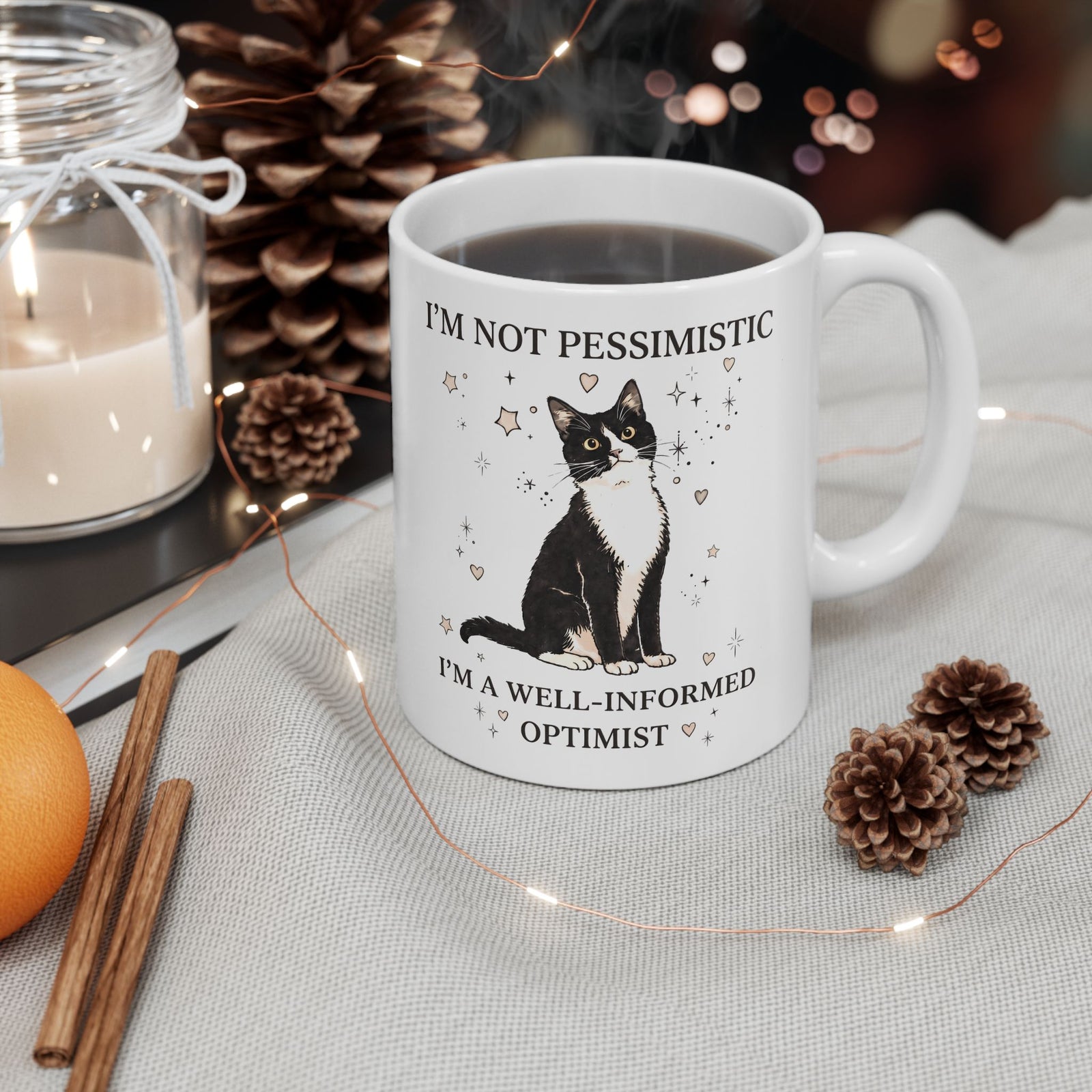 Well-Informed Optimist Tuxedo Cat Ceramic Mug — Funny Sarcastic Feline Graphic Mug