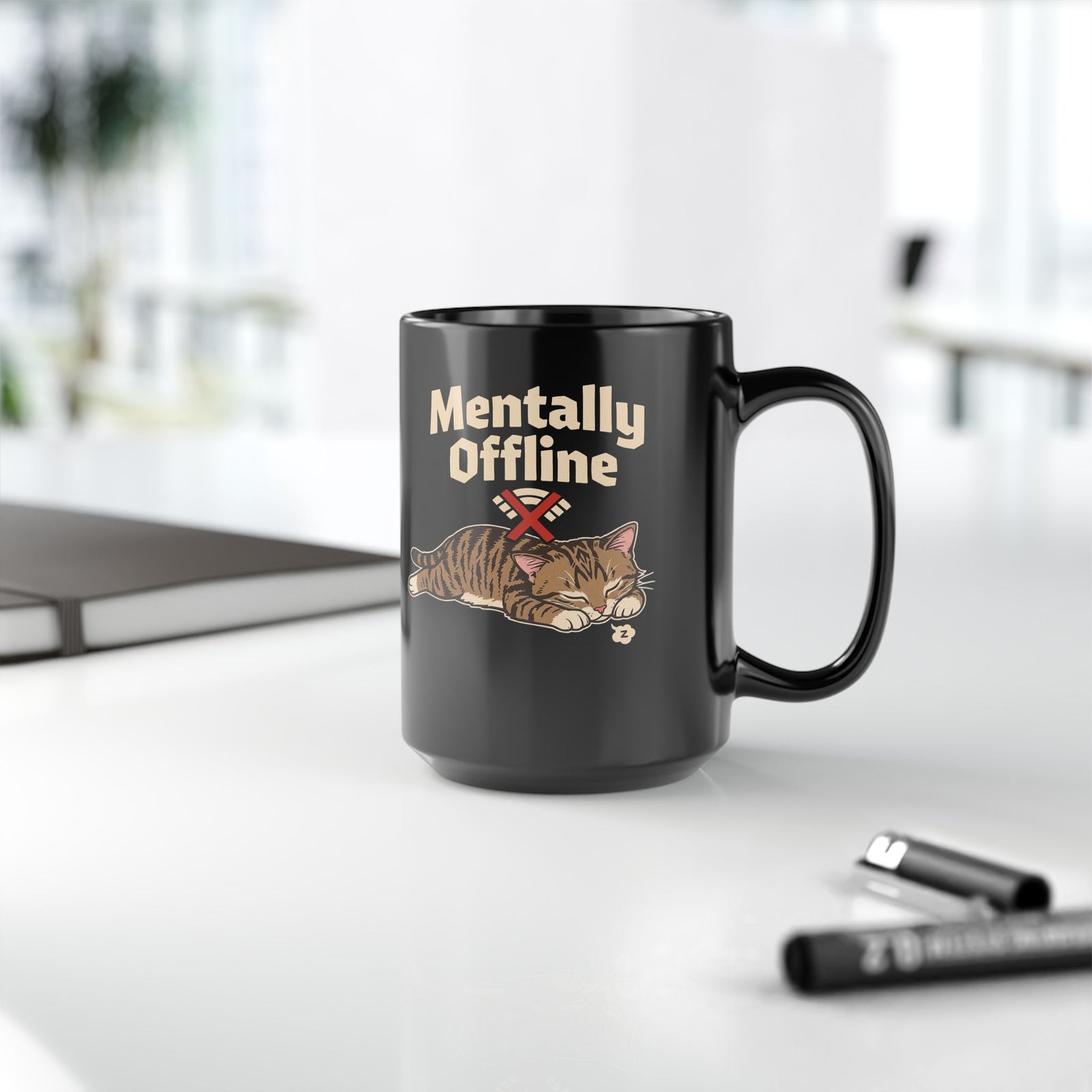 Lazy Cat 'Mentally Offline' Black Mug