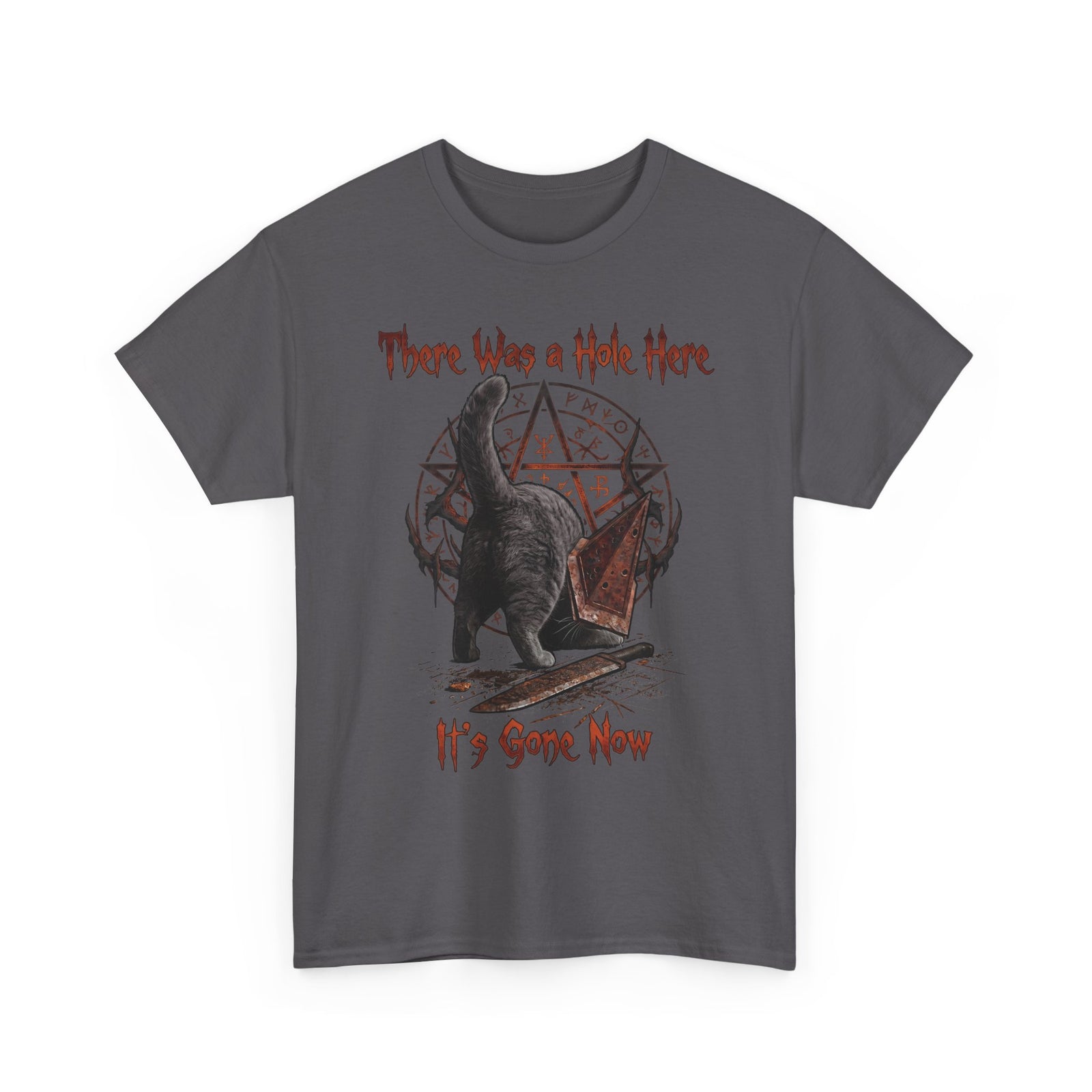 There Was A Hole Here Pyramid Head Cat T-Shirt — Silent Hill Parody Gaming Tee
