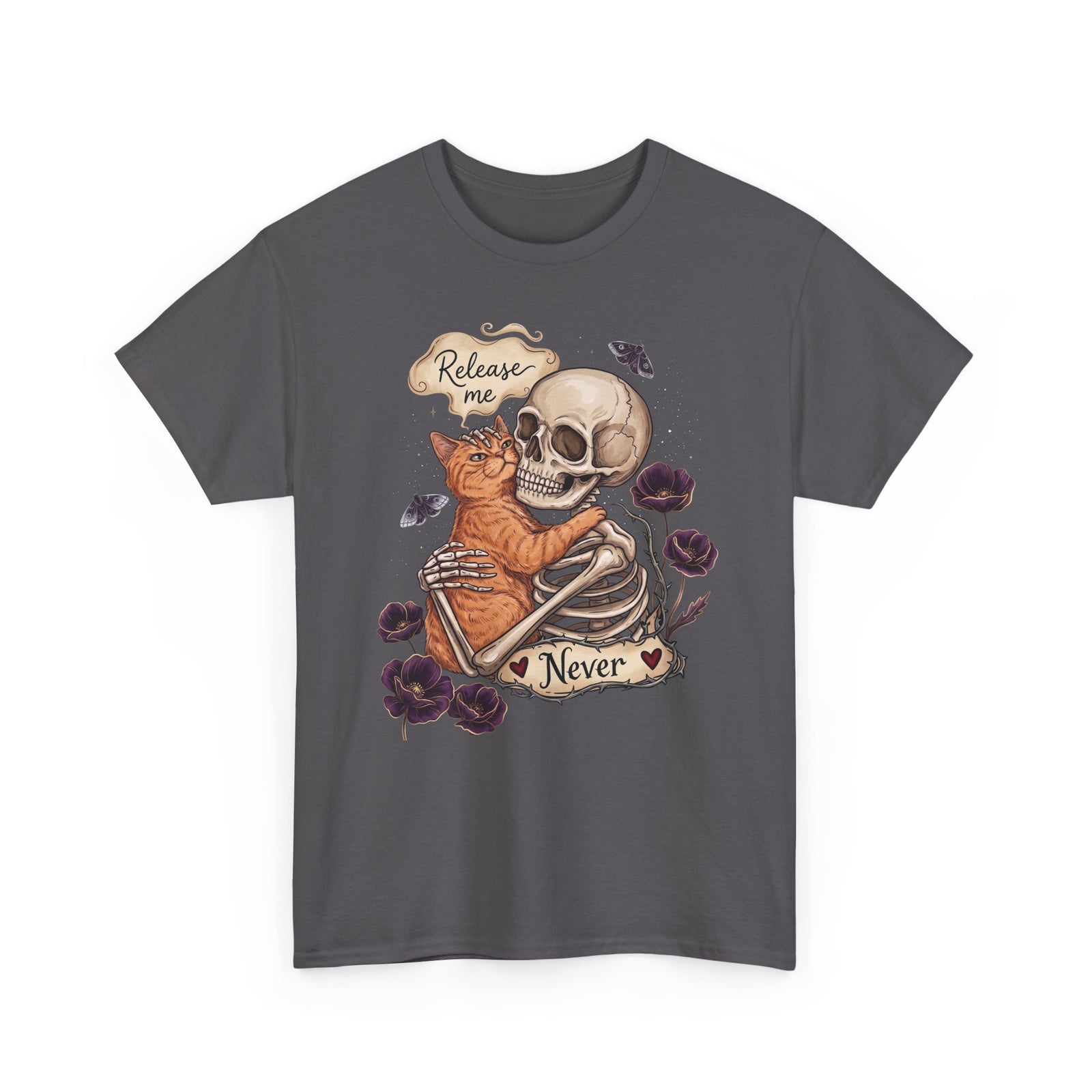 Funny Clingy Skeleton & Cat T-Shirt — Dark Aesthetic Cat Tee