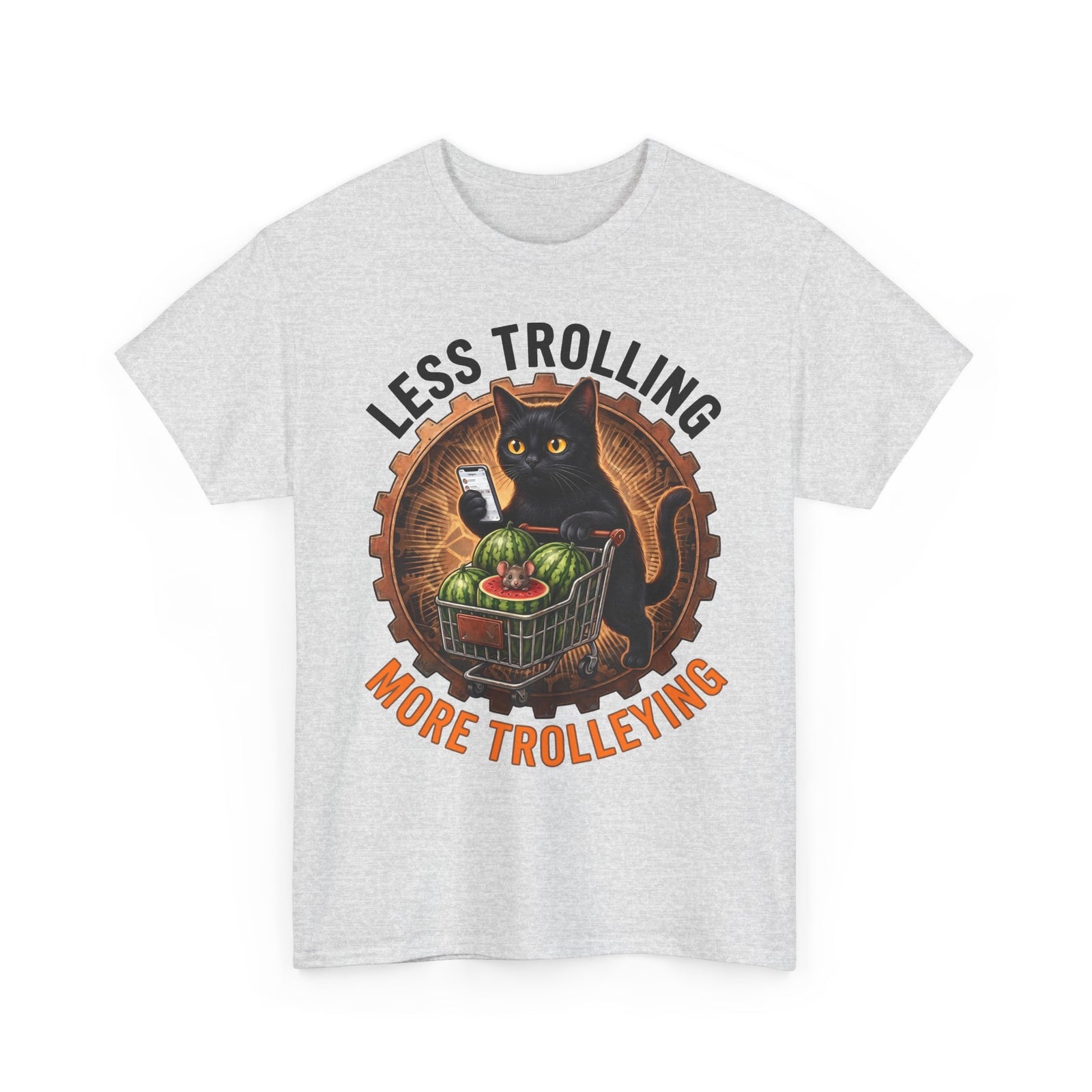 Less Trolling More Trolleying T-Shirt — Funny Black Cat Shopping Cart Pun Tee