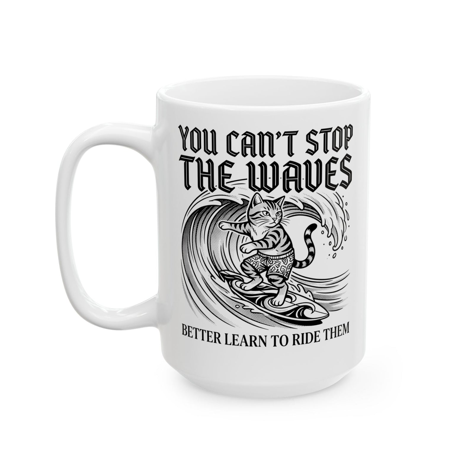 Vintage Surfer Cat Ceramic Mug — Monochrome Ocean Waves Graphic Mug