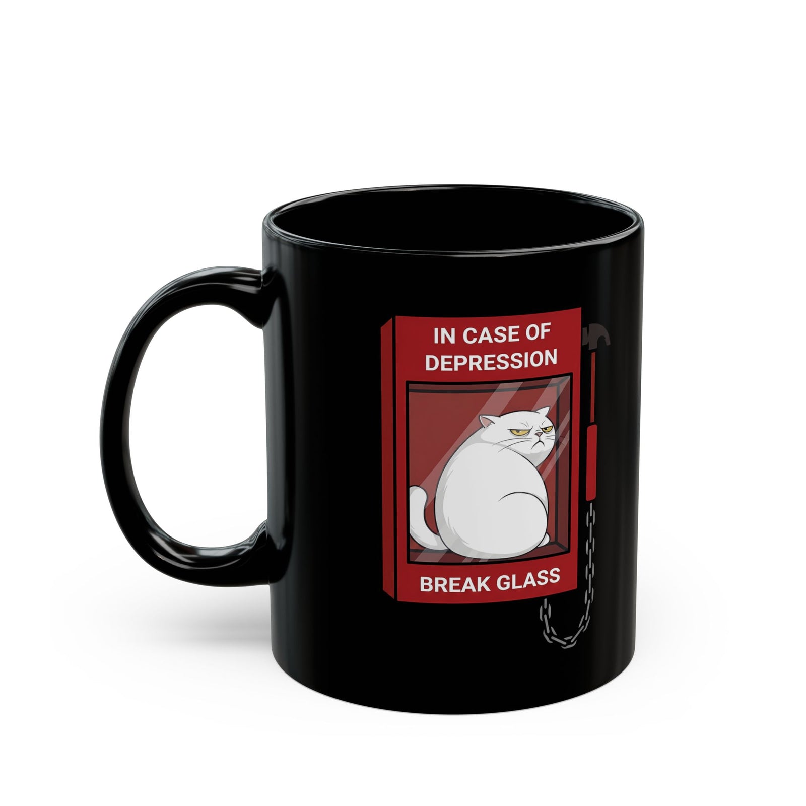 In Case Of Depression Break Glass Black Mug — Funny Grumpy White Cat Emergency Mug