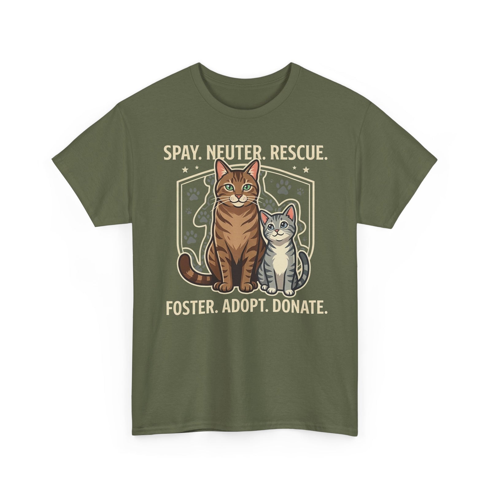 Cat Rescue T-Shirt - "Spay. Neuter. Rescue. Foster. Adopt. Donate." Animal Shelter Support Tee