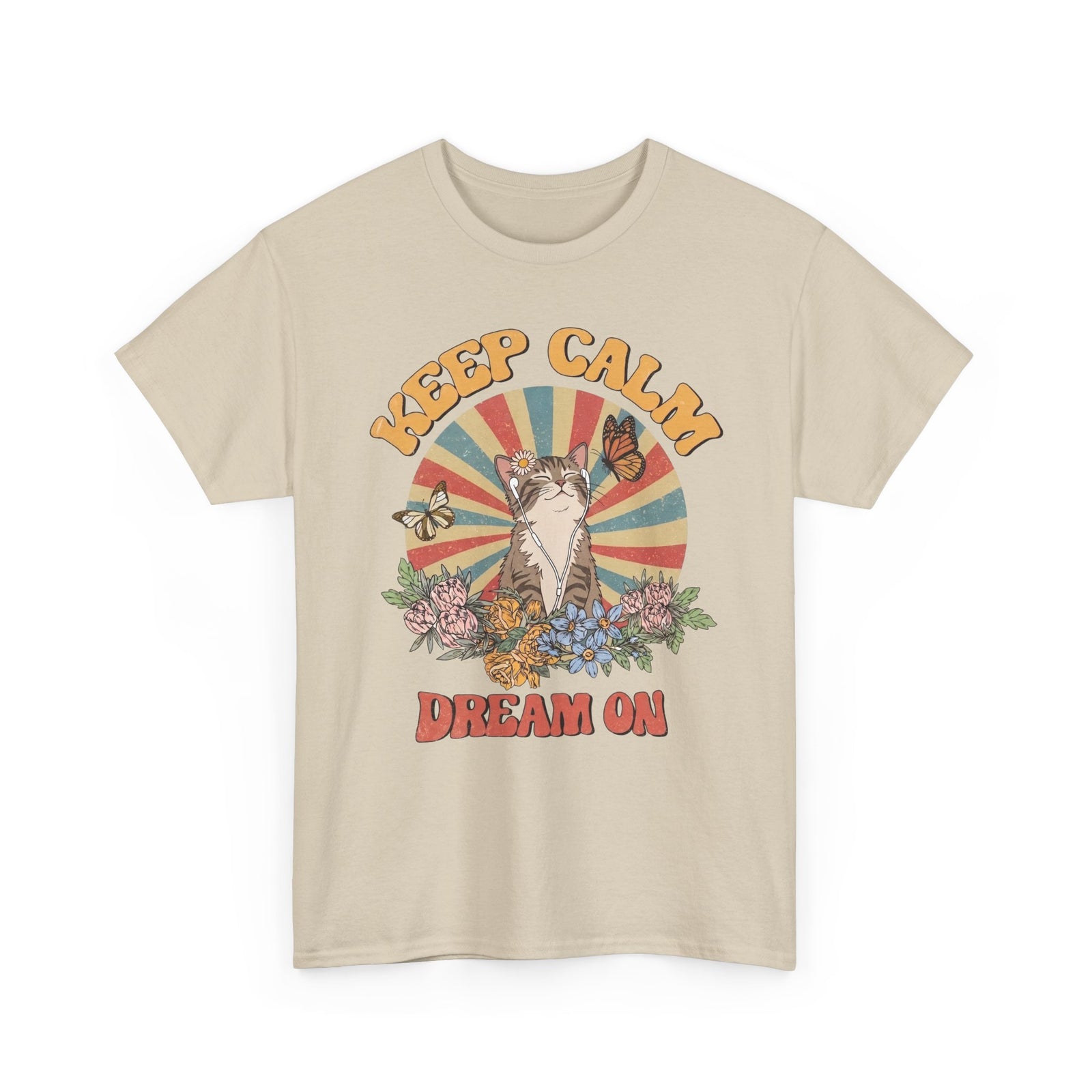 Keep Calm Dream On Cat T-Shirt — Retro 70s Hippie Feline Graphic
