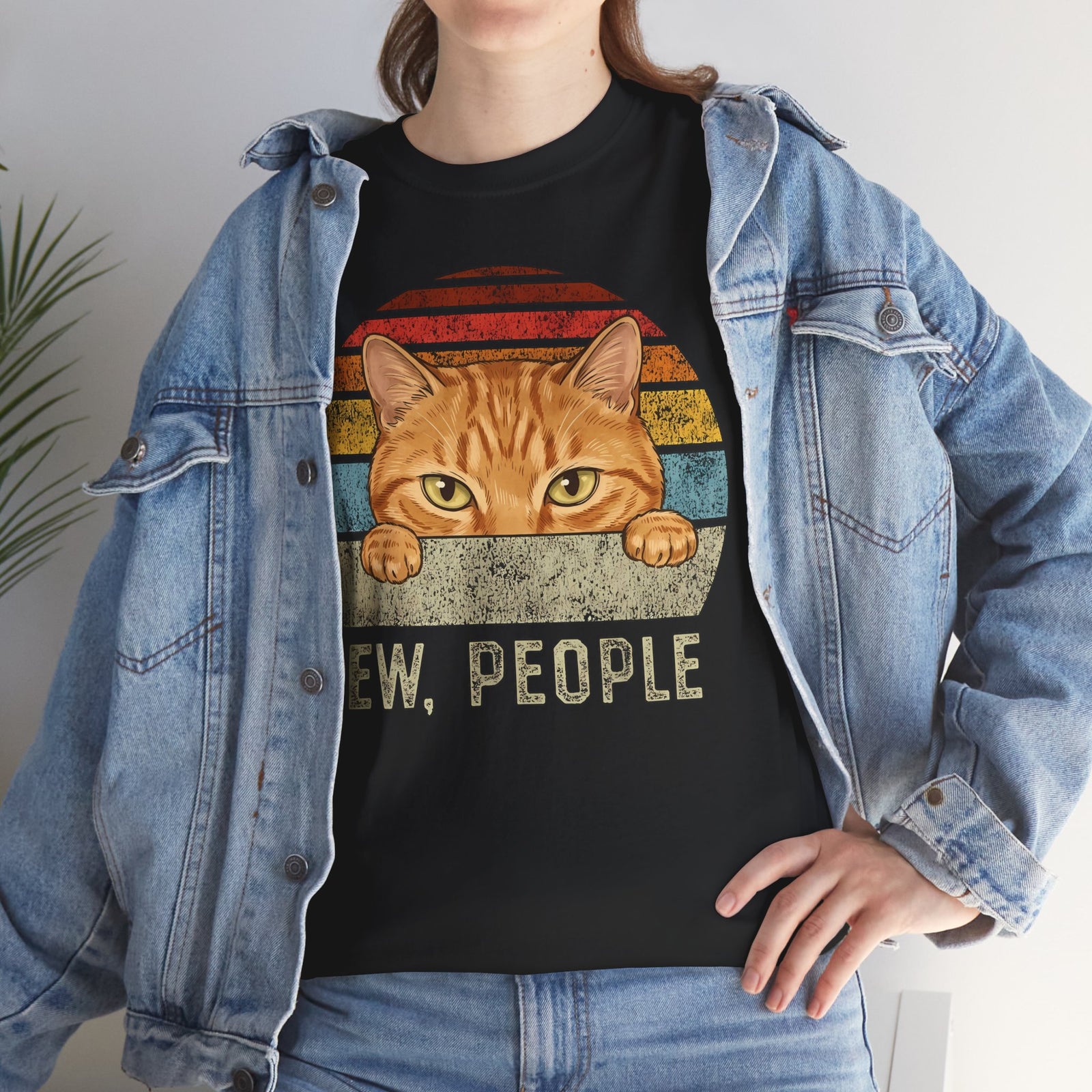 Ew People Orange Cat T-Shirt — Funny Retro Sunset Introvert Graphic Tee