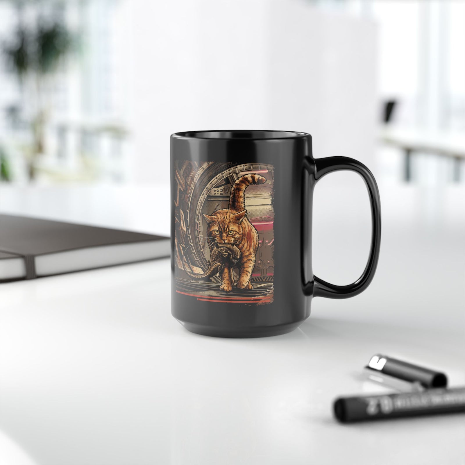 Alien Pest Control Cat Black Mug — Retro Sci-Fi Space Drinkware
