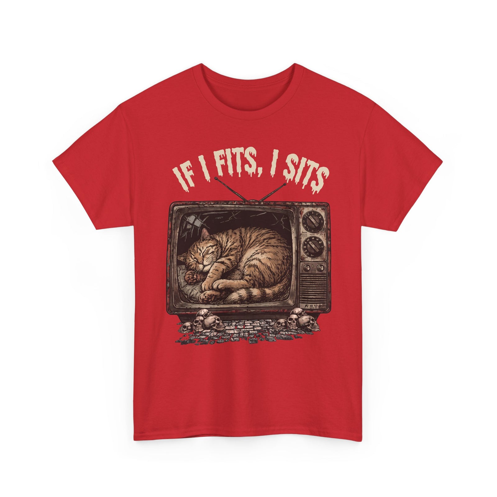 If I Fits I Sits Vintage TV Tabby Cat Shirt — Macabre Horror Meme T-Shirt