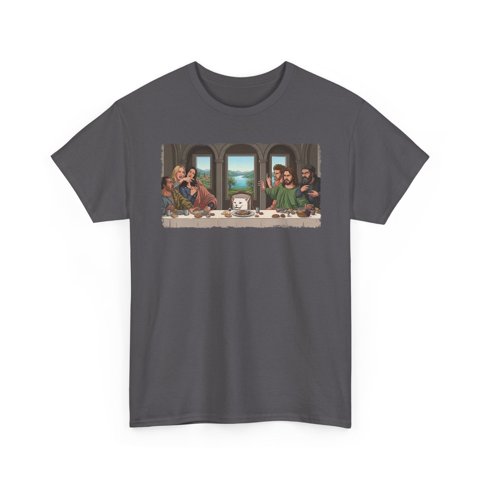 Last Supper x Woman Yelling at Cat Tee — Funny Religious Art Mashup T-Shirt