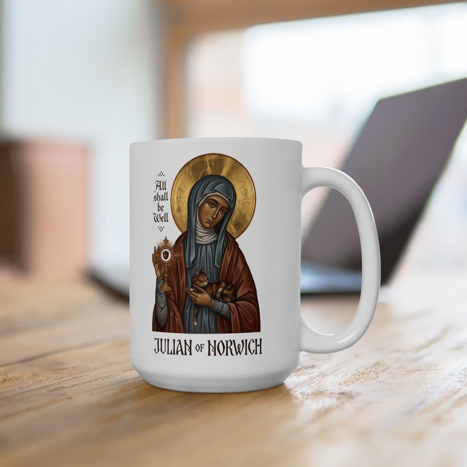 Julian of Norwich & Cat Ceramic Mug — Spiritual Saint Mug for Cat Lovers