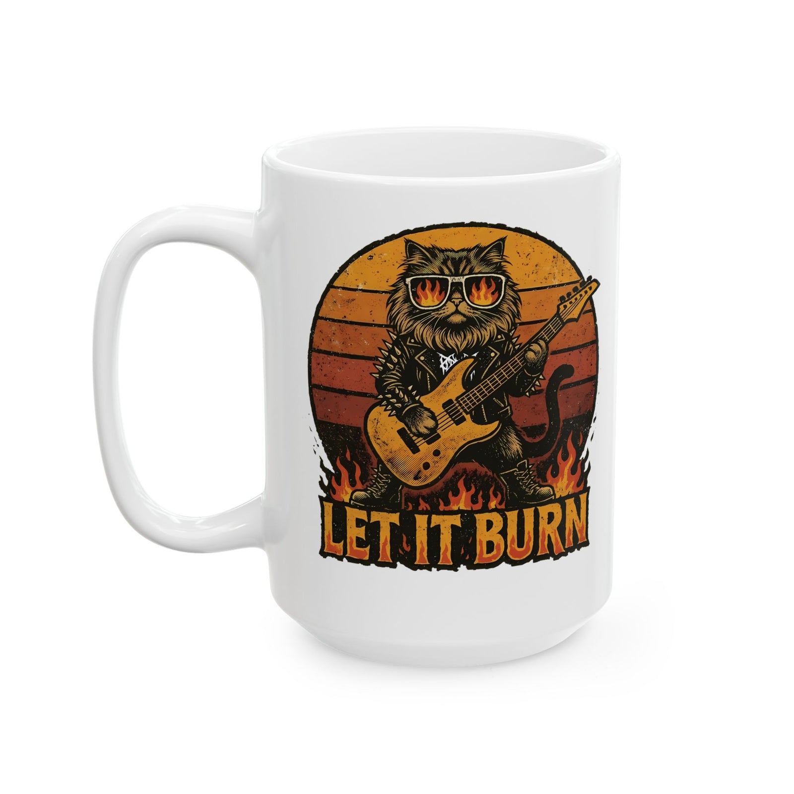 Let It Burn Rocker Cat Ceramic Mug — Heavy Metal Guitar Feline Graphic