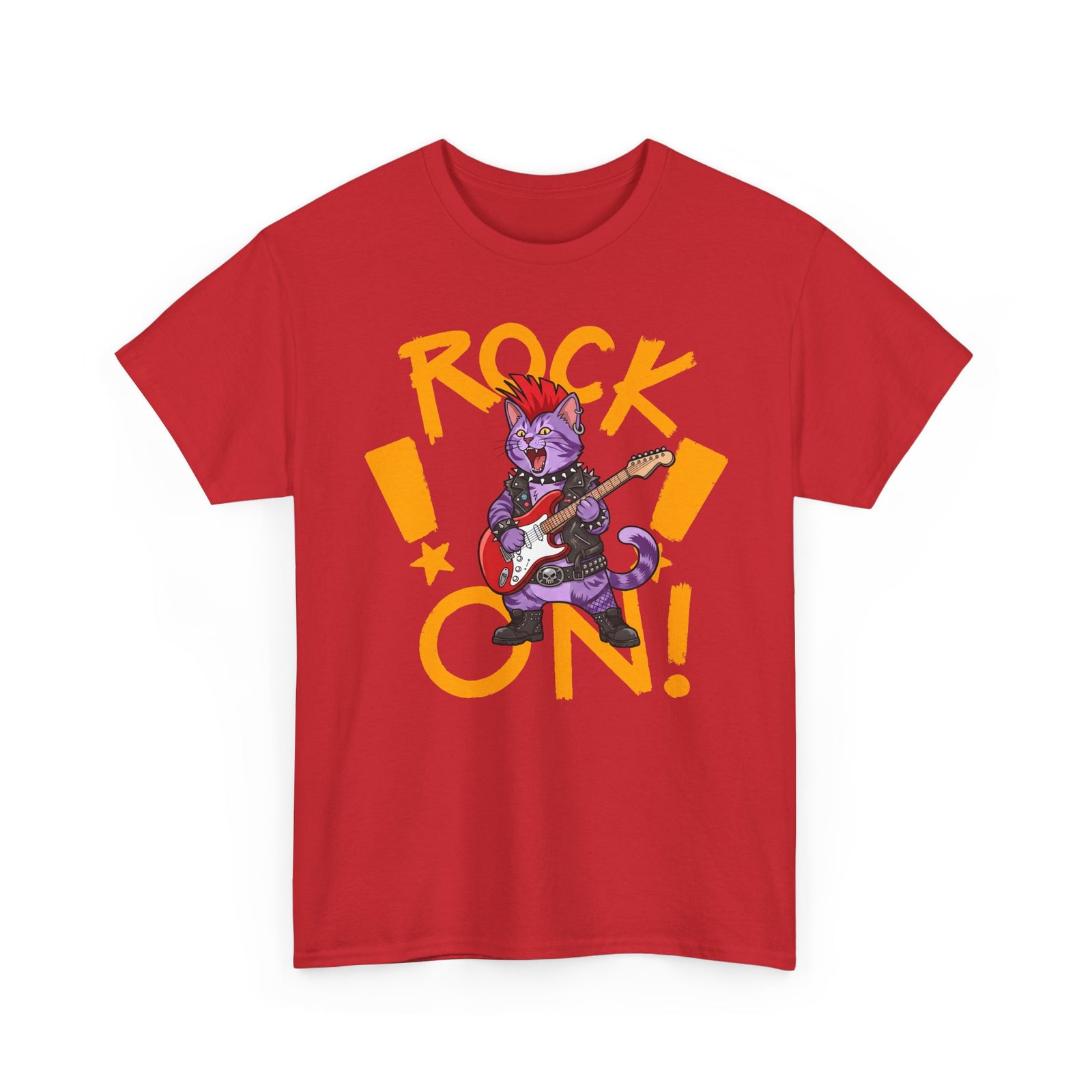 Rock On Punk Rock Cat T-Shirt — Purple Feline Mohawk Electric Guitar Tee