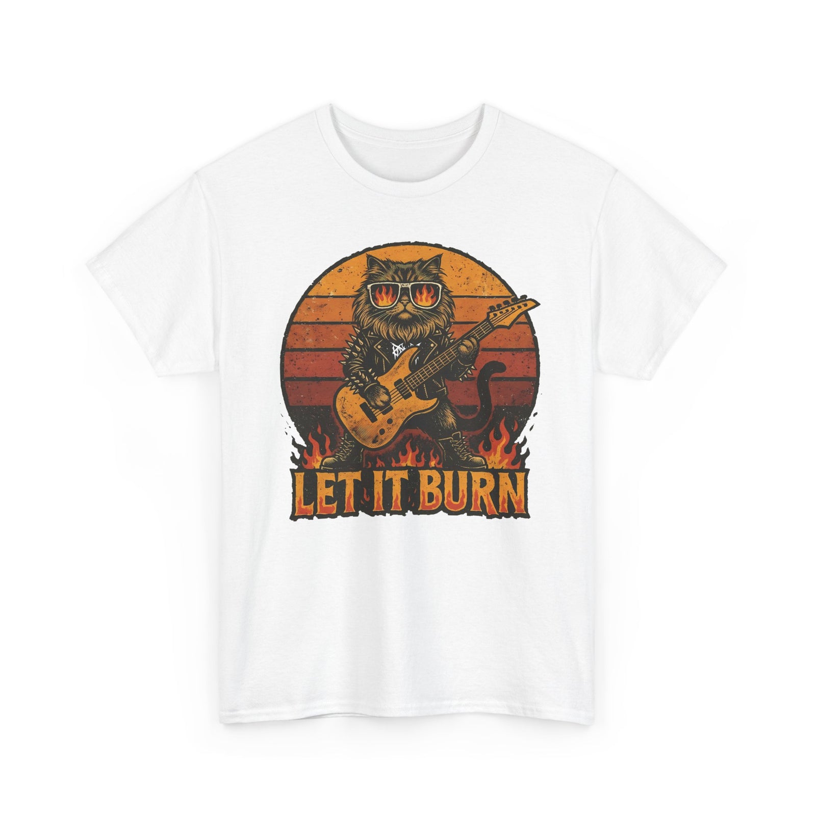Let It Burn Rocker Cat T-Shirt — Heavy Metal Guitar Feline Graphic