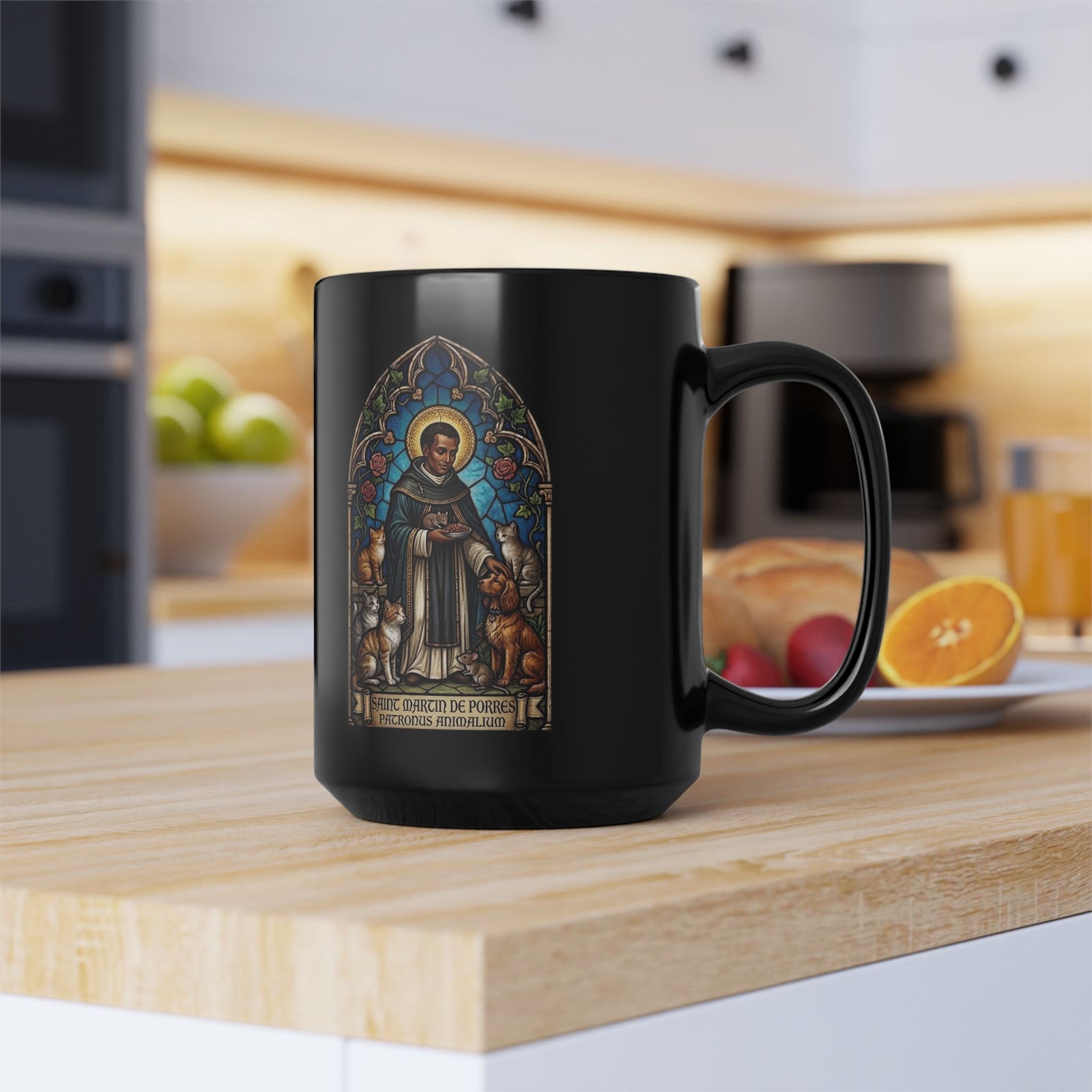 Saint Martin de Porres Cat Lovers Black Mug — Patron of Animals Mug