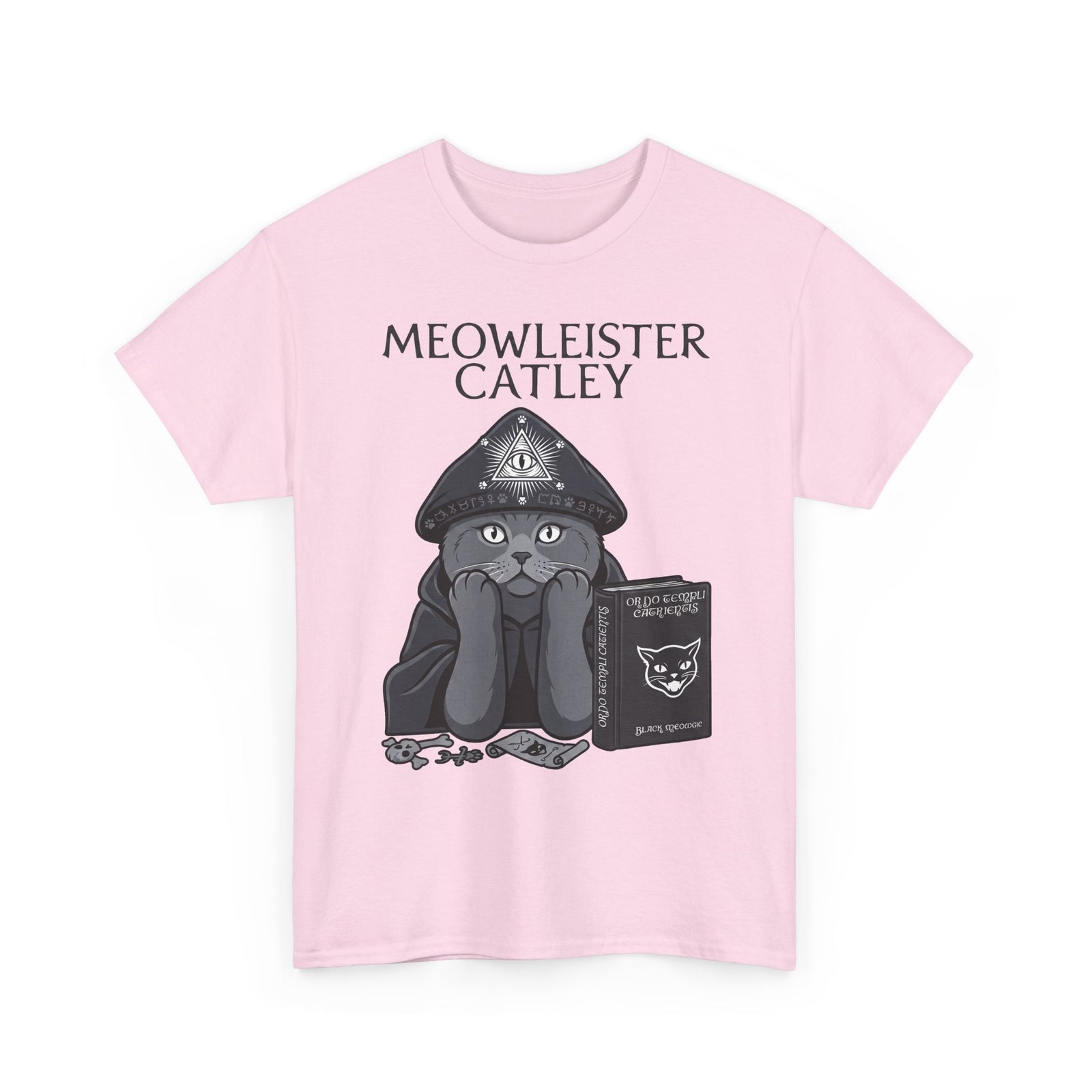 Meowleister Catley T-Shirt — Witchy Cat with Spellbook Graphic