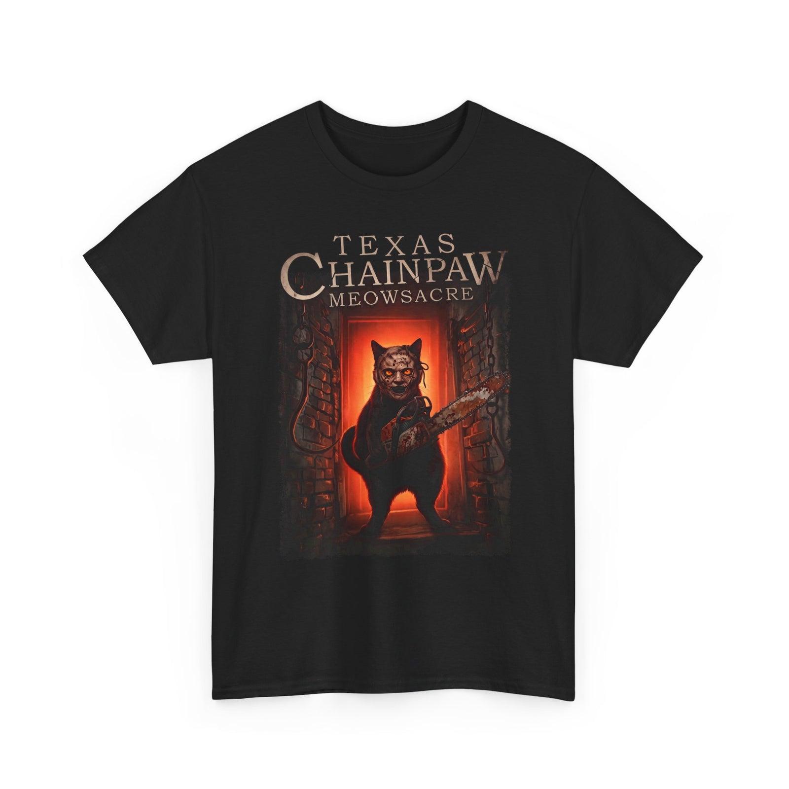 Texas Chainpaw Meowsacre T-Shirt — Funny Horror Black Cat Parody Tee