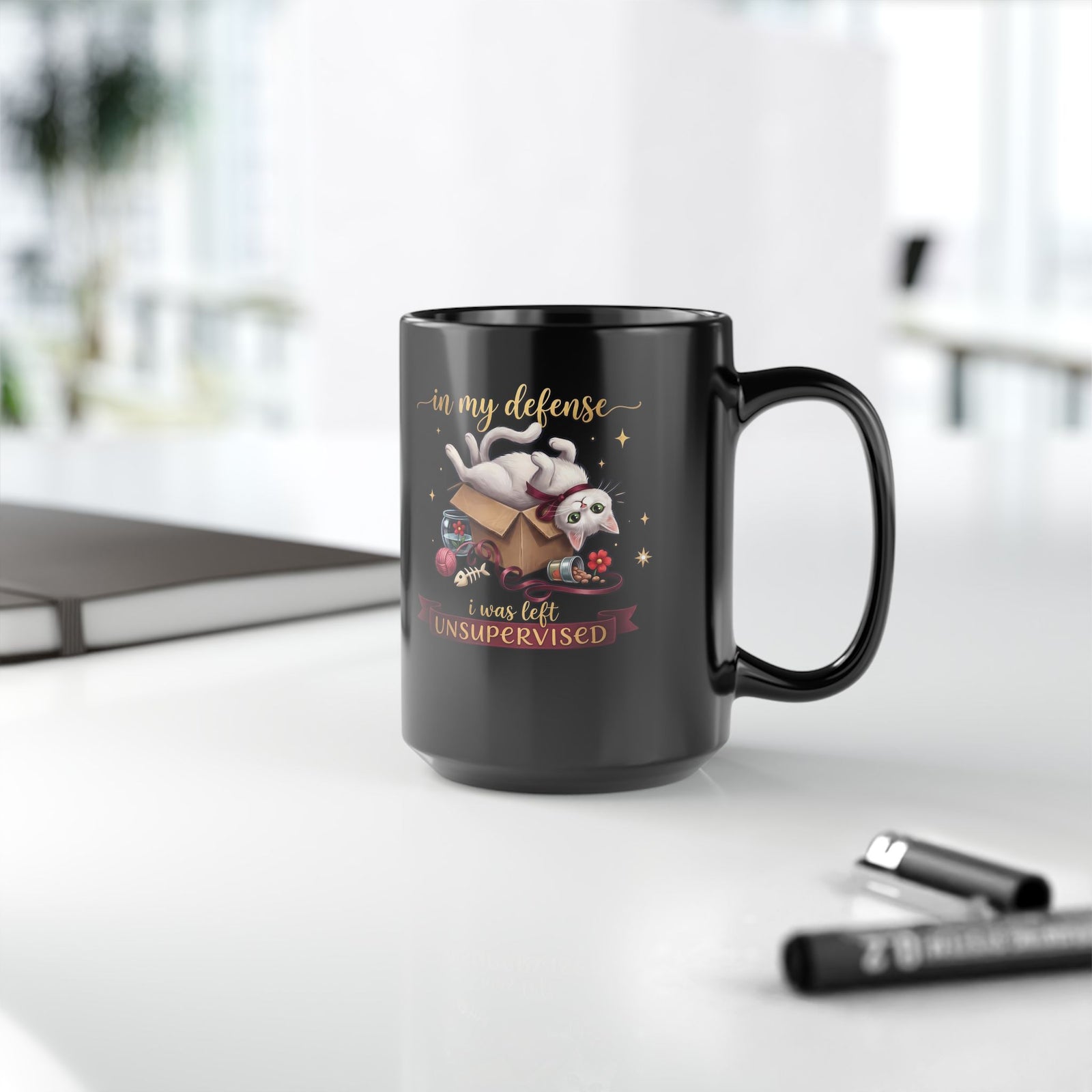 In My Defense I Was Left Unsupervised Black Mug — Funny Cute White Cat Mug