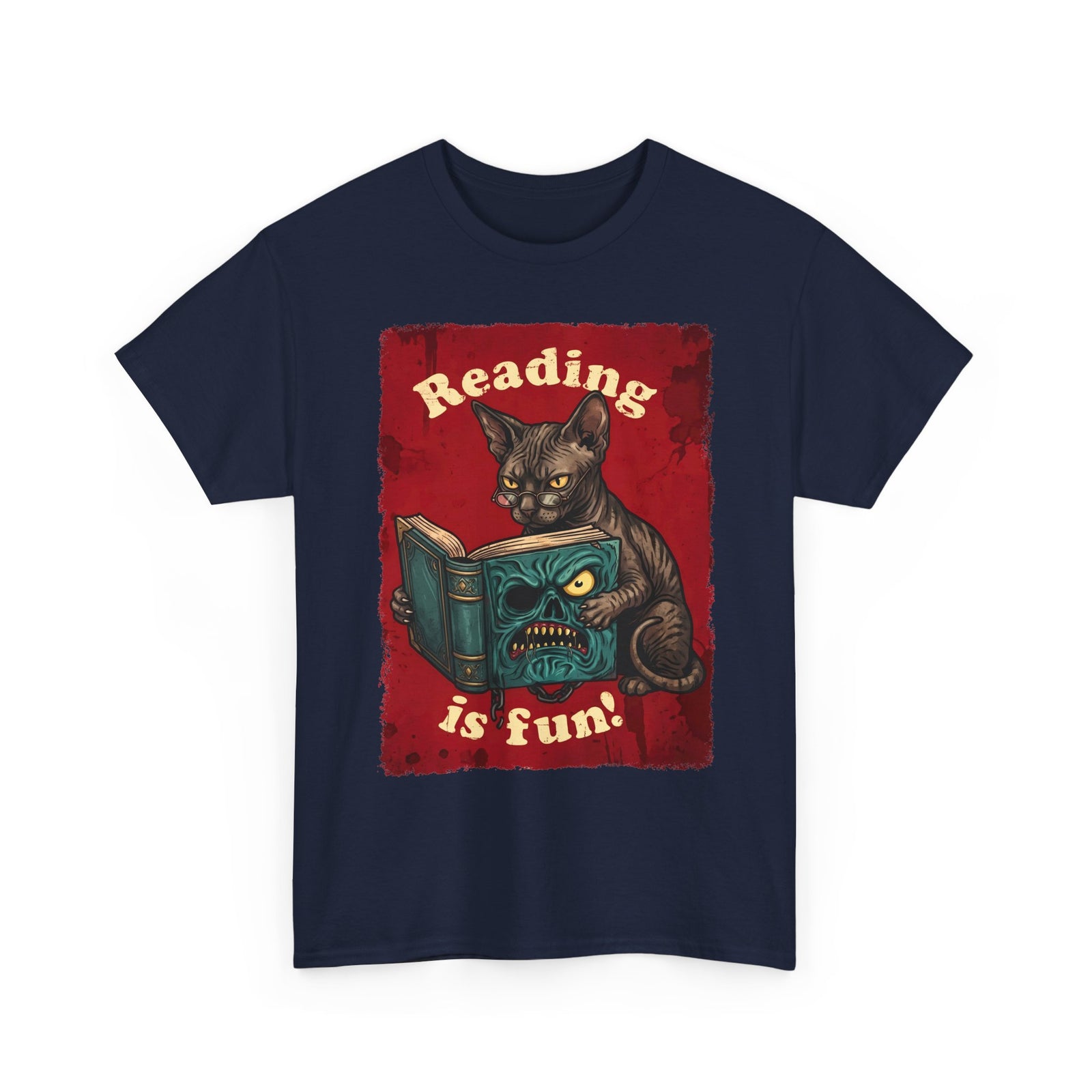 Reading Is Fun Necronomicon Sphynx Cat T-Shirt — Evil Dead Horror Book Tee