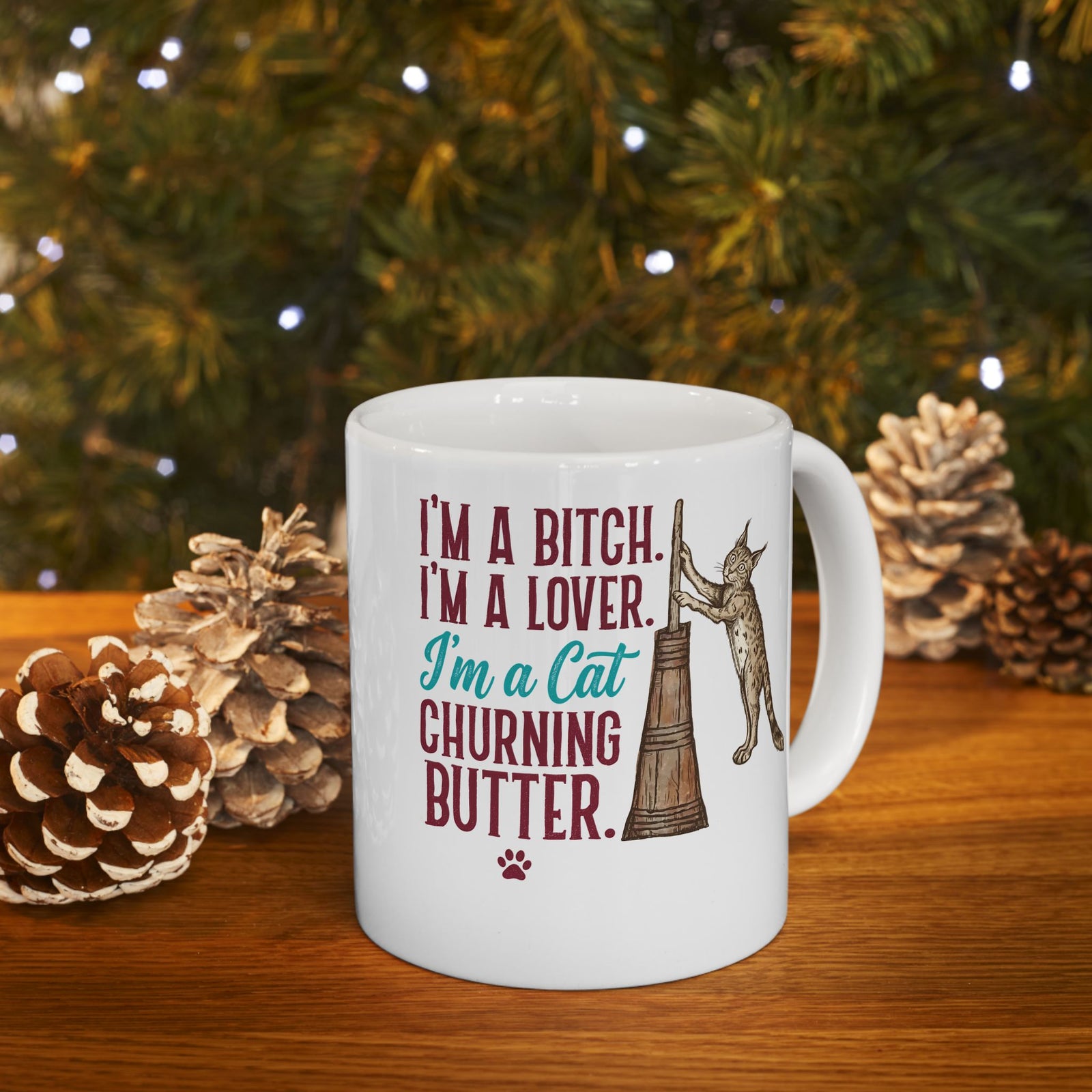 “I'm a Cat Churning Butter” Ceramic Mug — Funny Whimsical Cat Mug