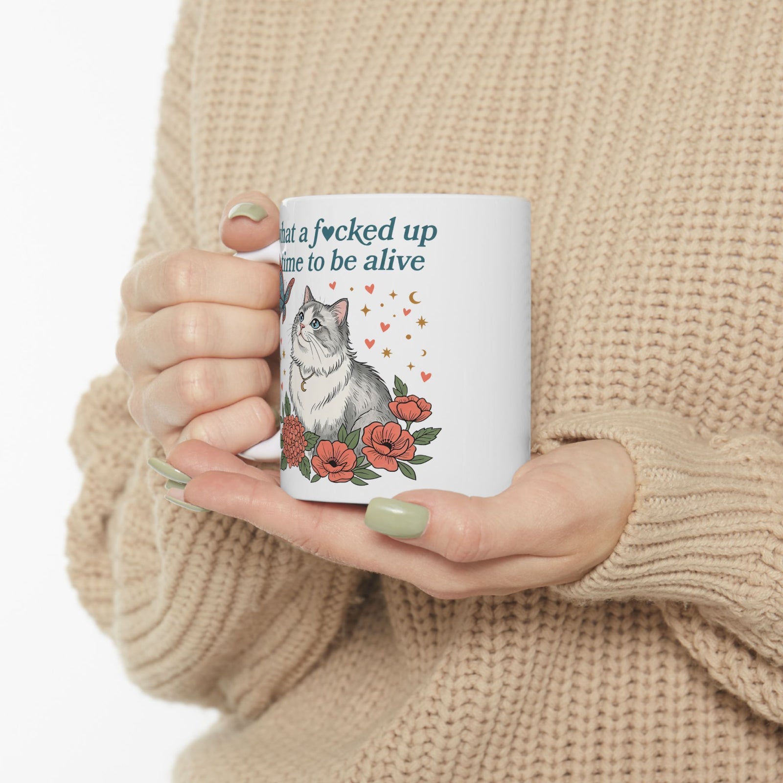 Retro Cat Mug — "What a Fucked Up Time to Be Alive" Graphic