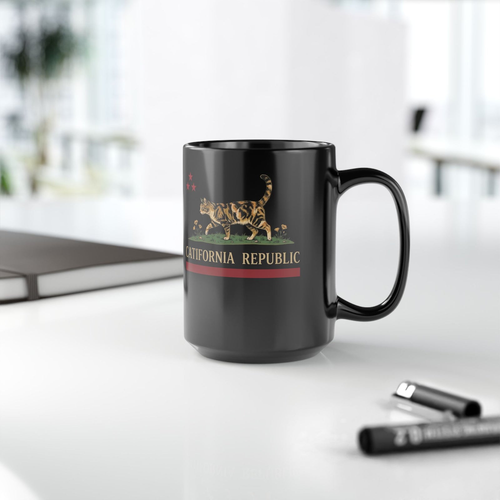 Catifornia Republic Funny Cat Black Mug — Vintage Cali Cat Graphic Mug