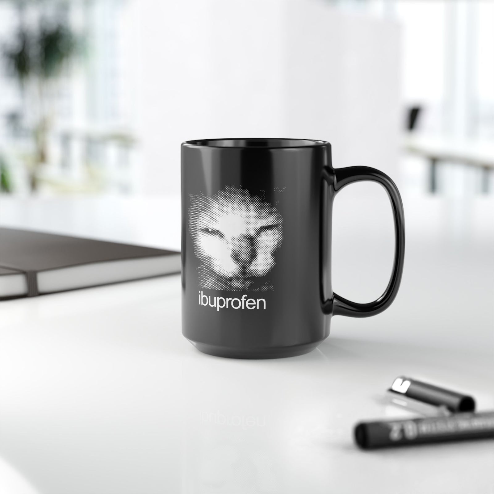 Funny Cat Meme Ibuprofen Black Mug Humorous Pain Relief Graphic Mug