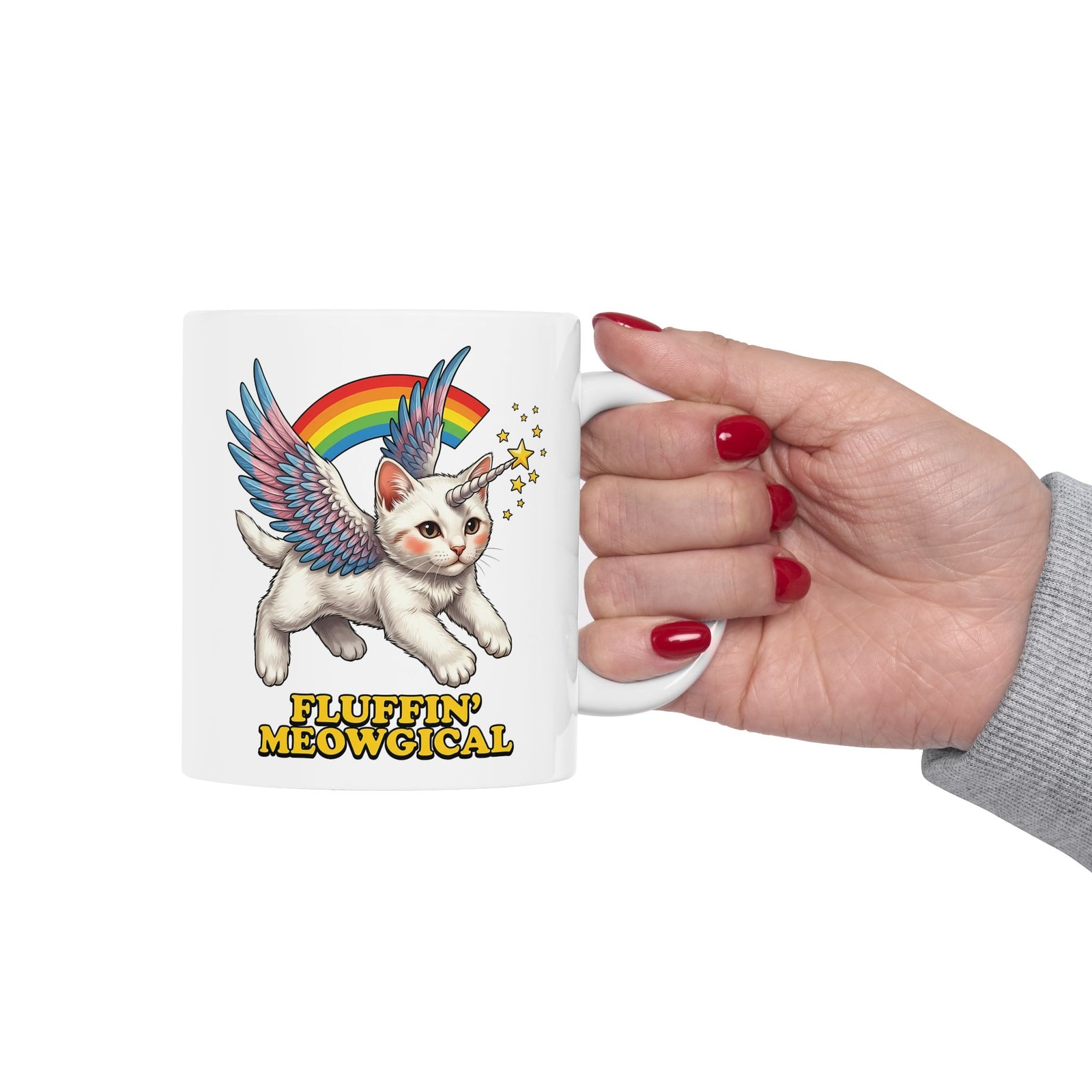 Fluffin' Meowgical Cat Ceramic Mug — Cute Unicorn Kitten Graphic