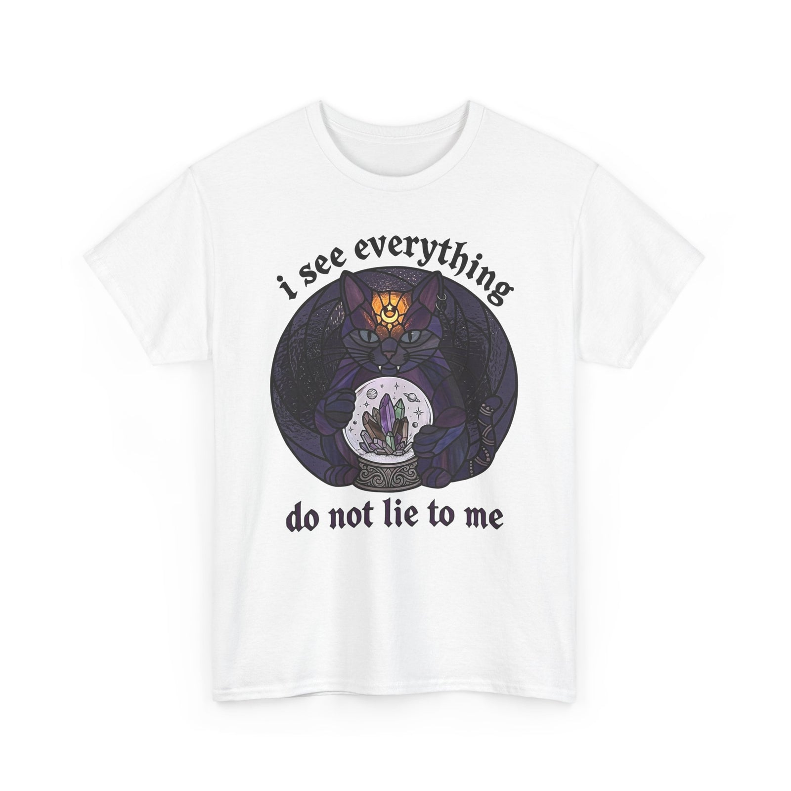 Mystic Fortune Teller Cat T-Shirt "I See Everything" Stained Glass Spiritual Kitten