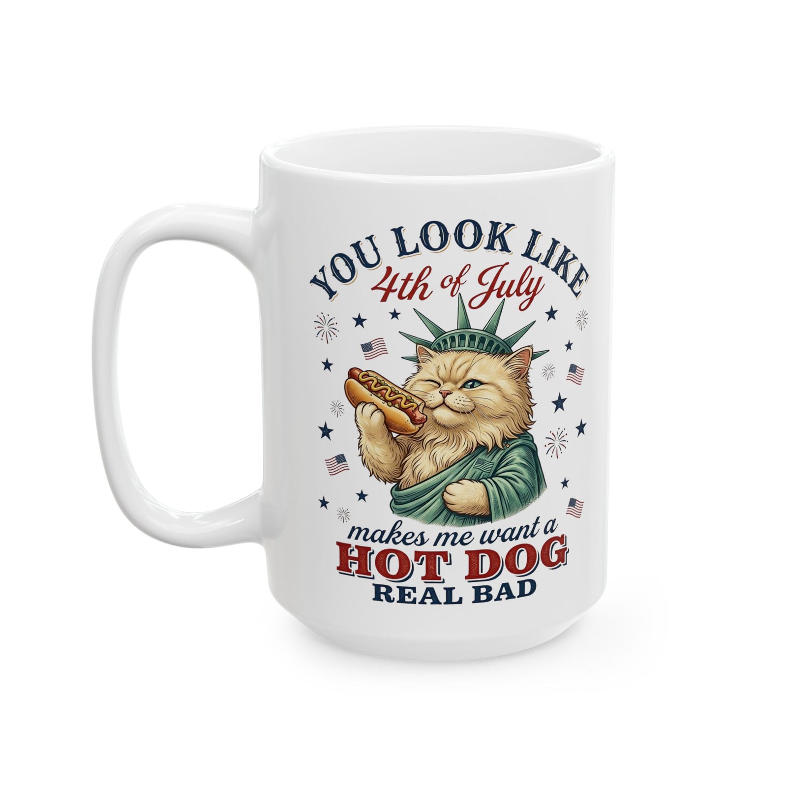 4th of July Cat & Hot Dog Ceramic Mug — Patriotic Fourth of July Mug