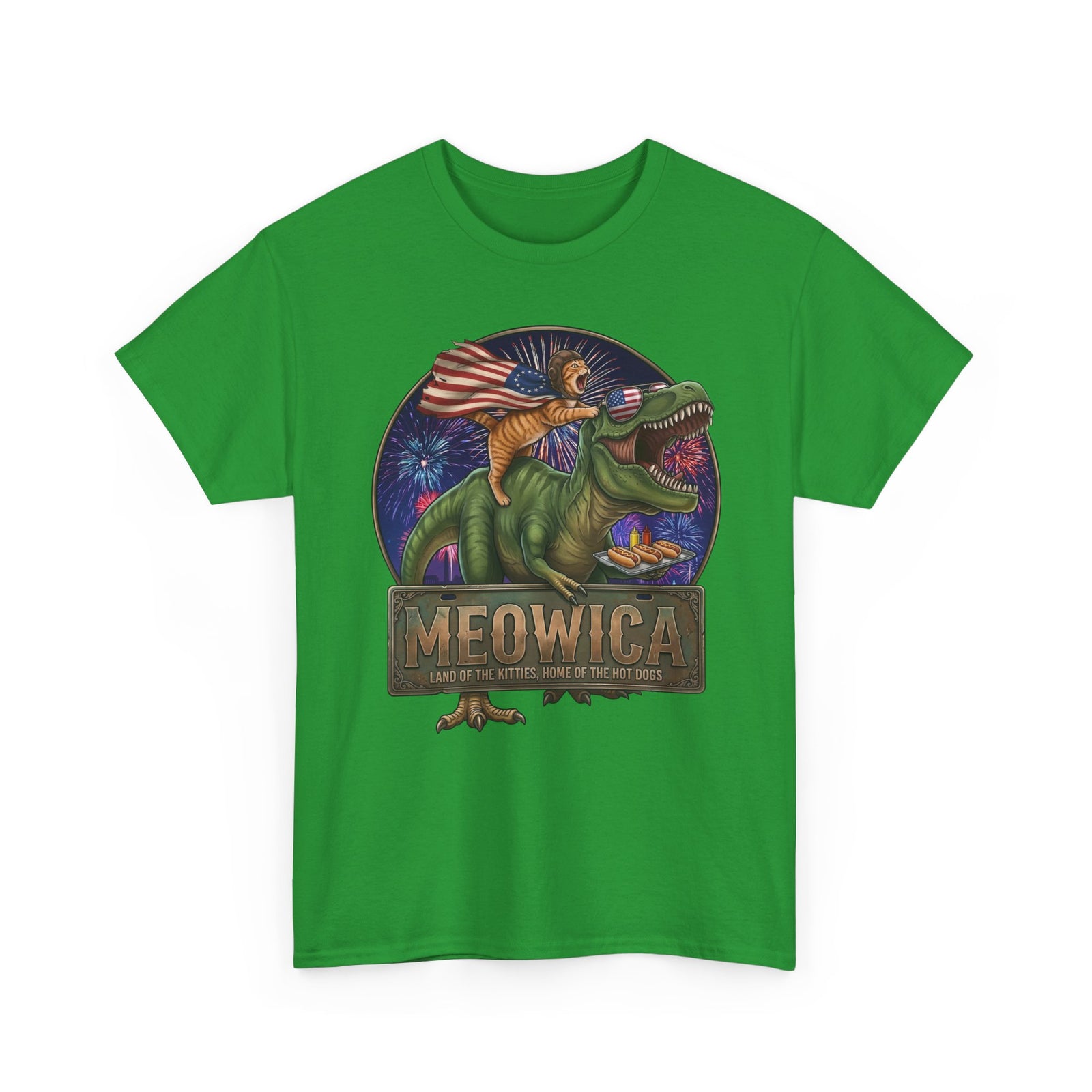 4th of July Cat Riding T‑Rex T‑Shirt "Meowica: Land of the Kitties" Patriotic Graphic