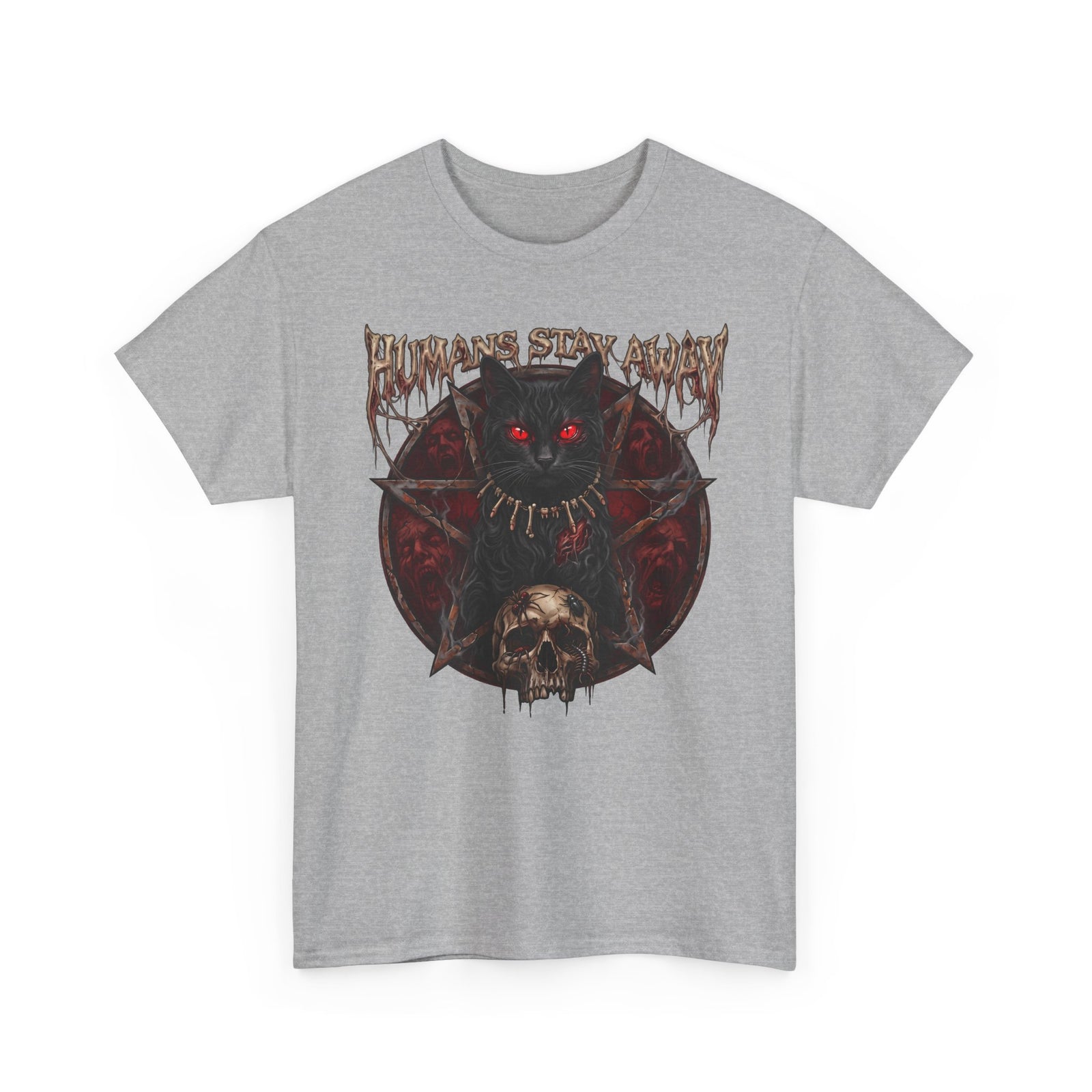 Humans Stay Away Occult Black Cat Shirt — Heavy Metal Pentagram T-Shirt