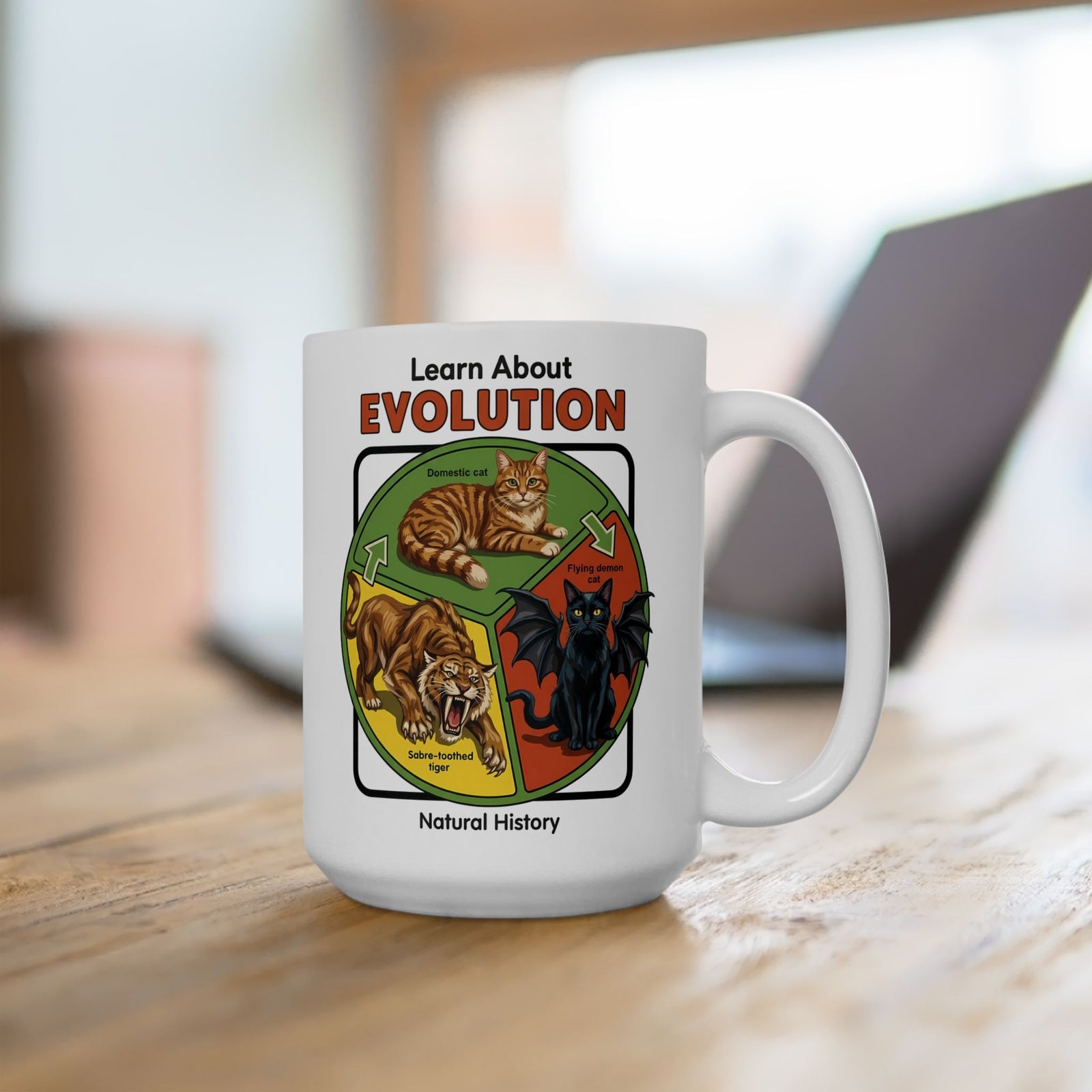 Learn About Evolution Cat Ceramic Mug — Funny Science Natural History Parody Mug