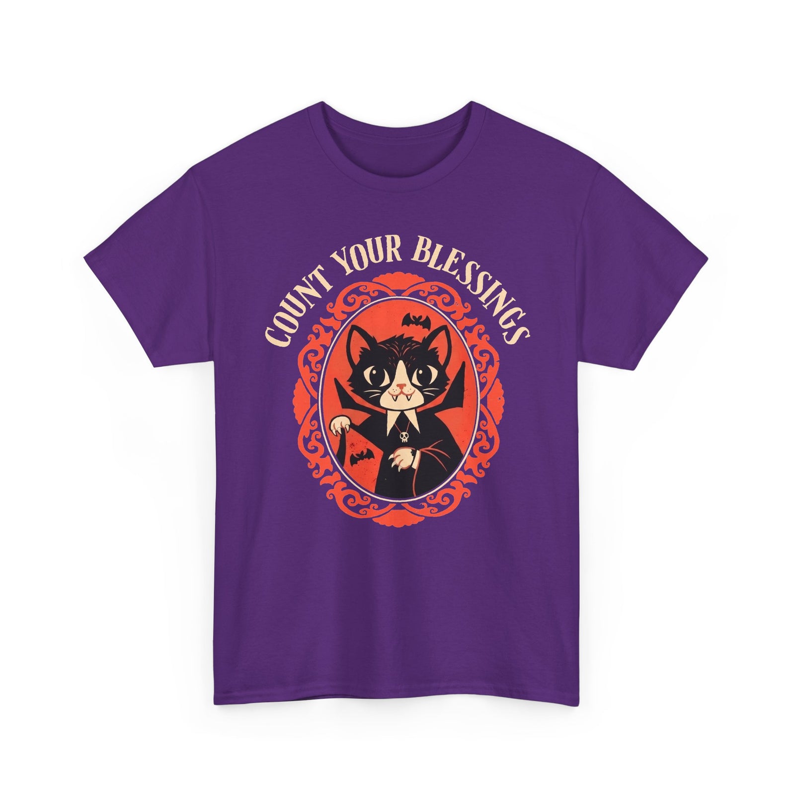 Count Your Blessings Vampire Cat — Funny Dracula Halloween Graphic Art